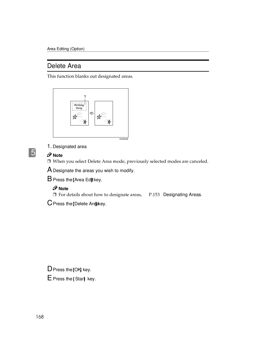 Ricoh 6513 manual Delete Area, 168, Designated area 