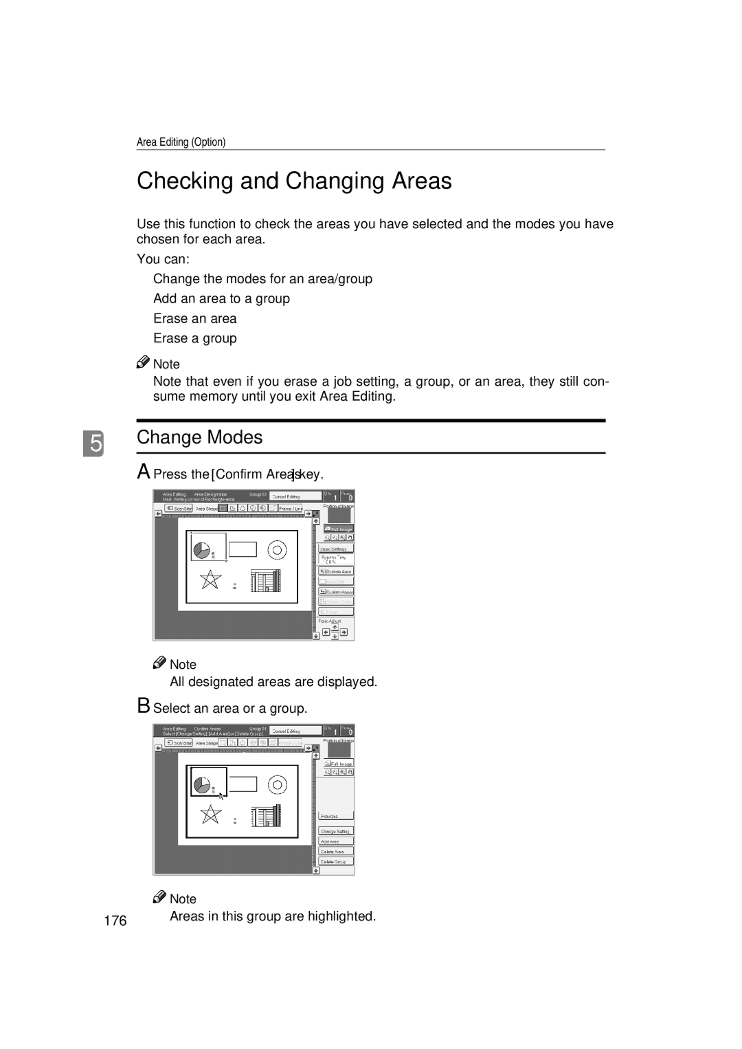 Ricoh 6513 manual Checking and Changing Areas, Change Modes, 176, Press the Confirm Areas key, Select an area or a group 