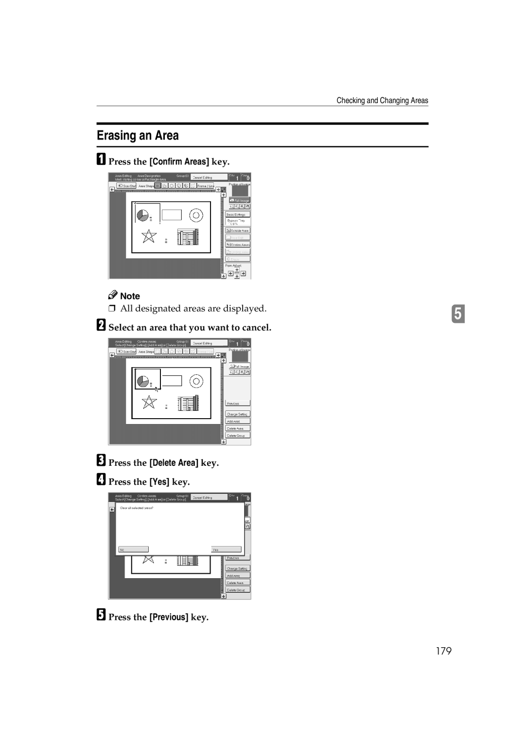 Ricoh 6513 Erasing an Area, 179, Select an area that you want to cancel, Press the Delete Area key. Press the Yes key 