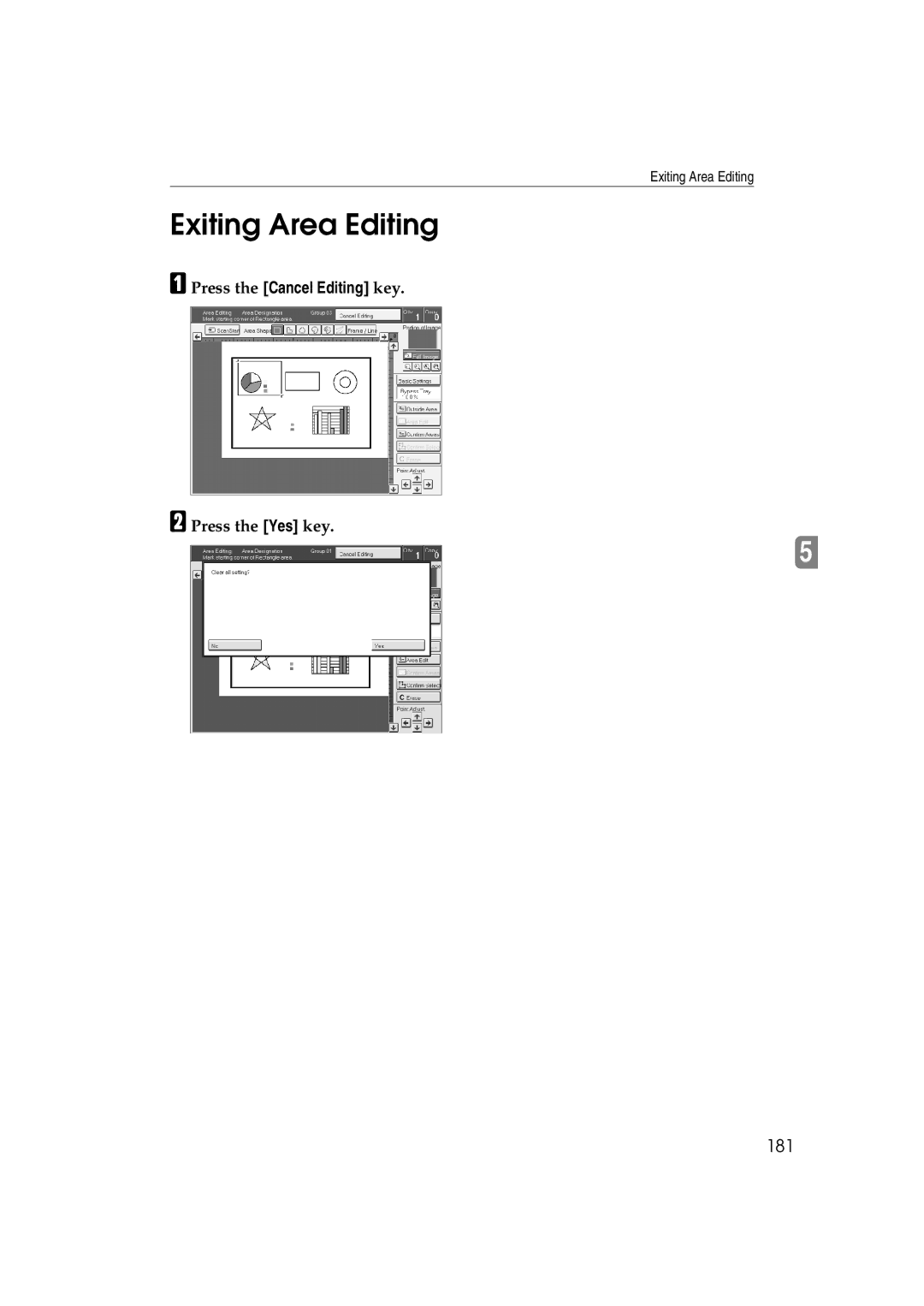 Ricoh 6513 manual Exiting Area Editing, 181, Press the Cancel Editing key, Press the Yes key 