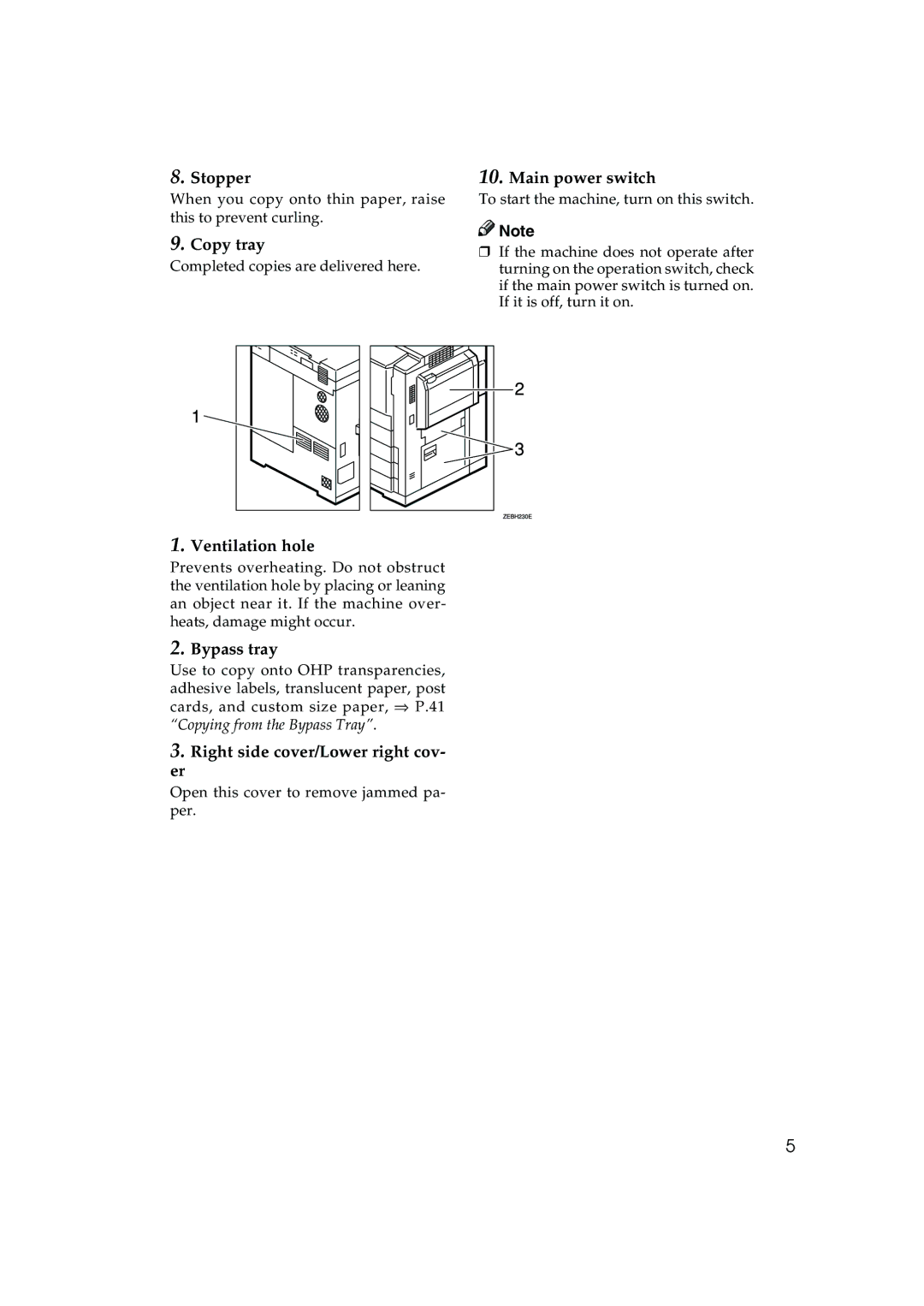 Ricoh 6513 manual Stopper, Copy tray, Ventilation hole, Bypass tray, Right side cover/Lower right cov, Main power switch 