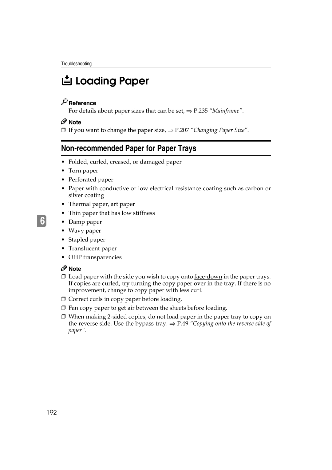 Ricoh 6513 manual Loading Paper, Non-recommended Paper for Paper Trays, 192 