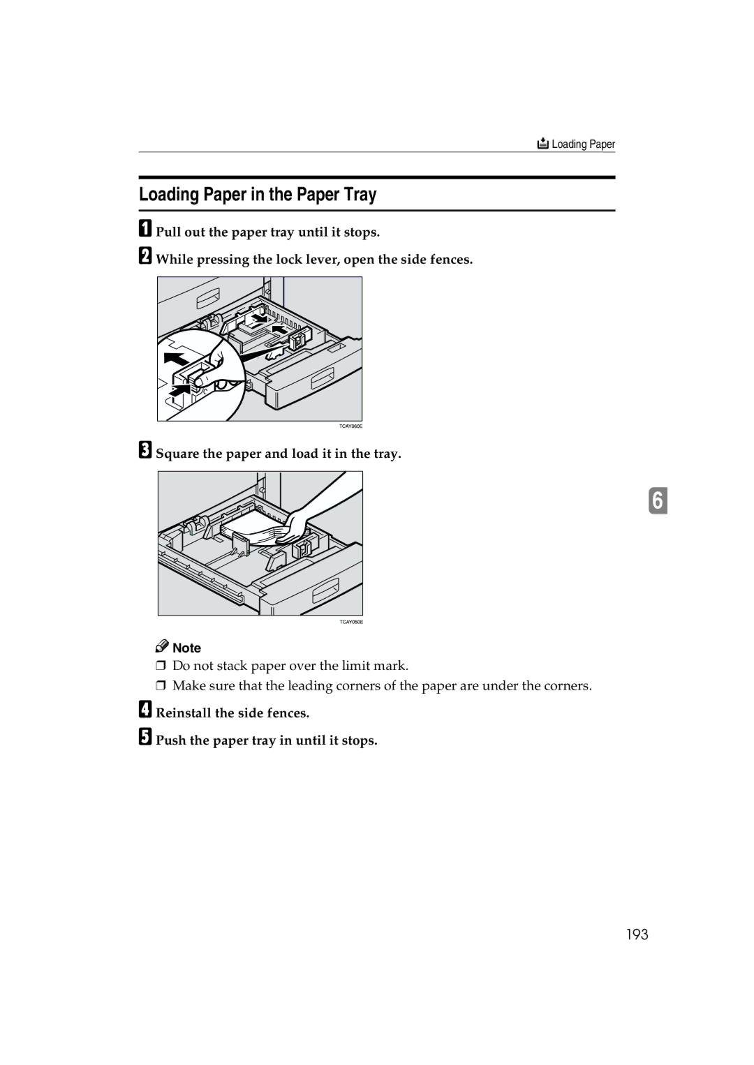 Ricoh 6513 manual Loading Paper in the Paper Tray, 193 