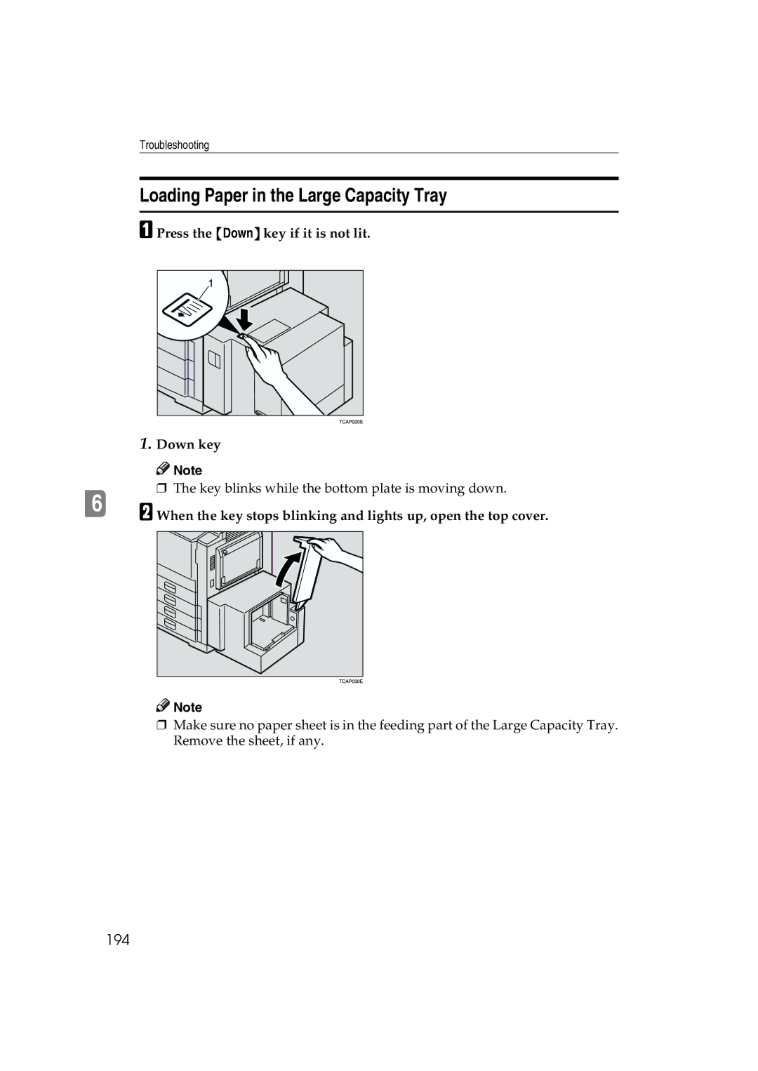 Ricoh 6513 manual Loading Paper in the Large Capacity Tray, 194, Press the Down key if it is not lit 