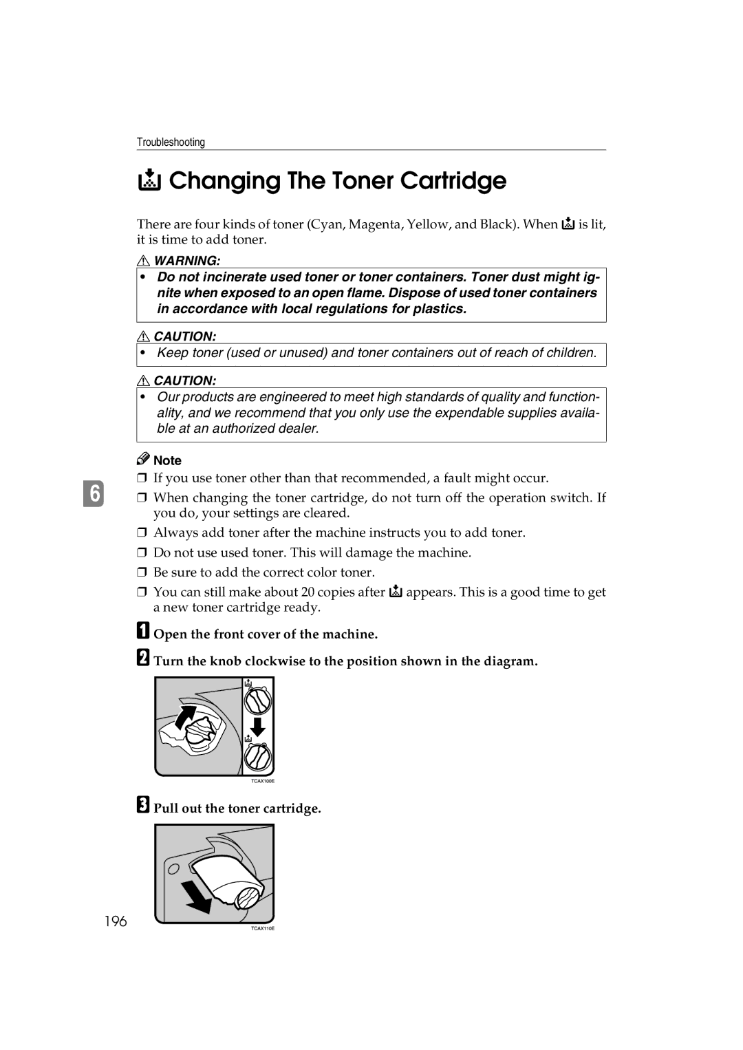 Ricoh 6513 manual Changing The Toner Cartridge, 196 