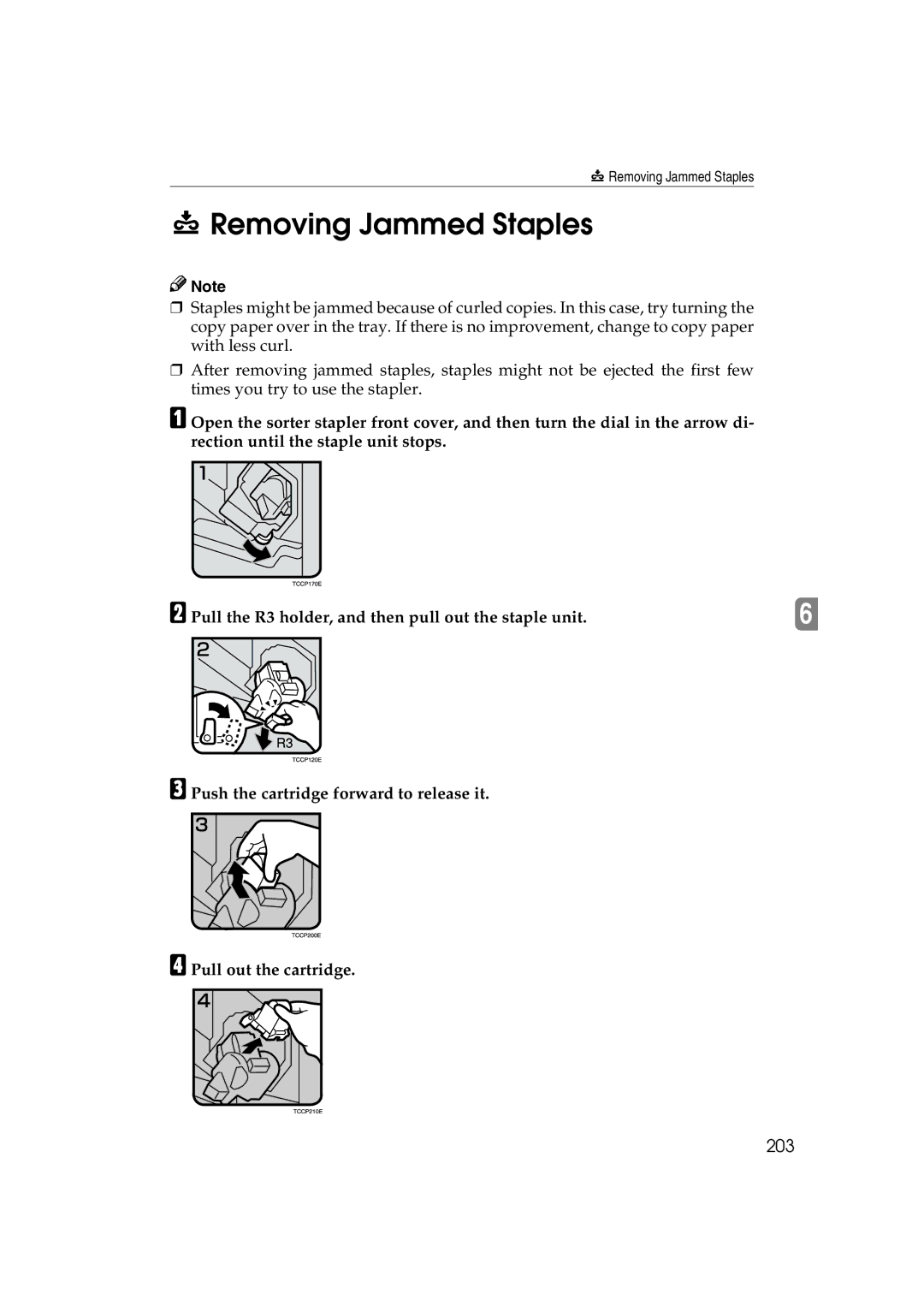 Ricoh 6513 manual Removing Jammed Staples, 203 