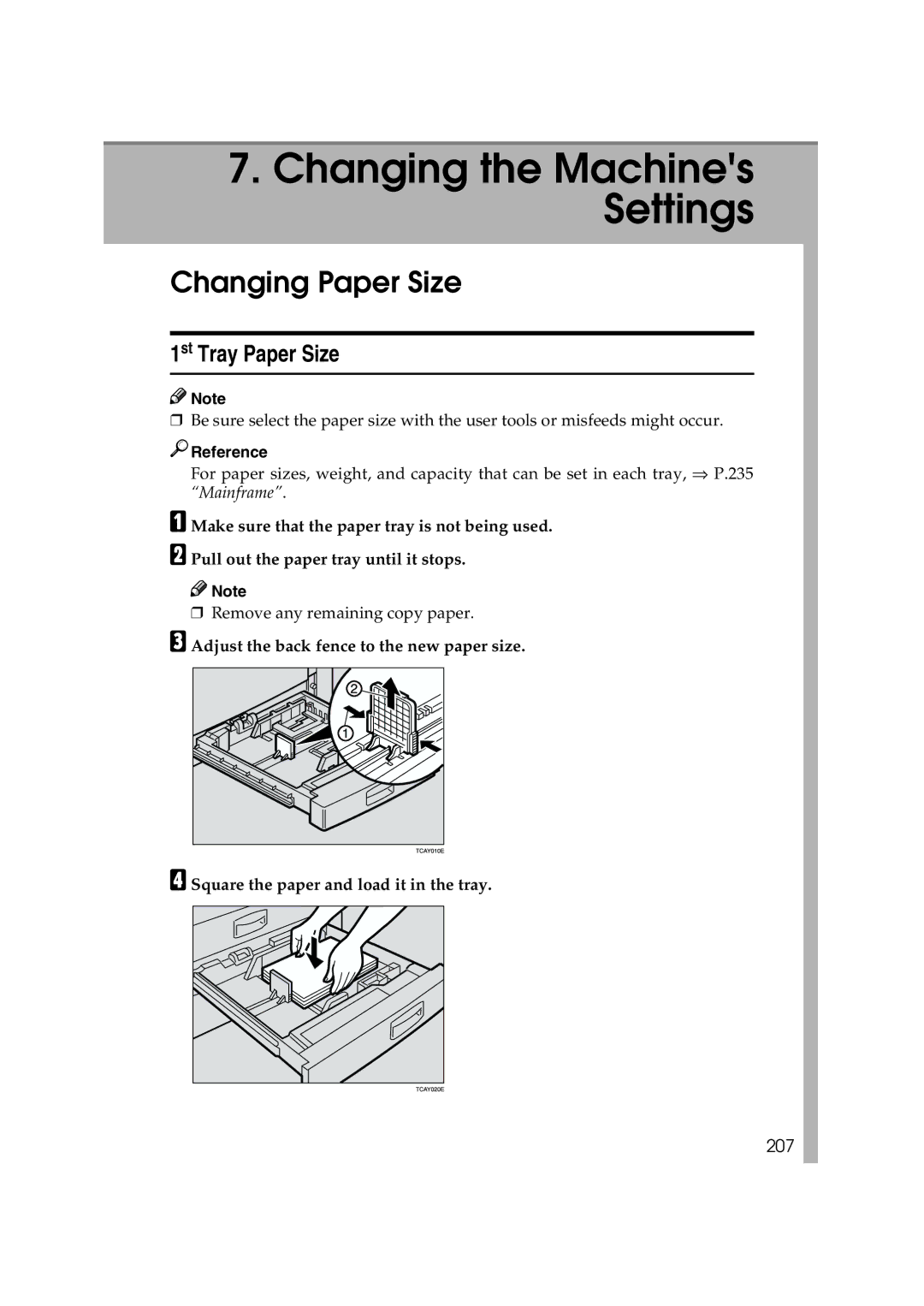 Ricoh 6513 manual Changing Paper Size, 1st Tray Paper Size, 207 
