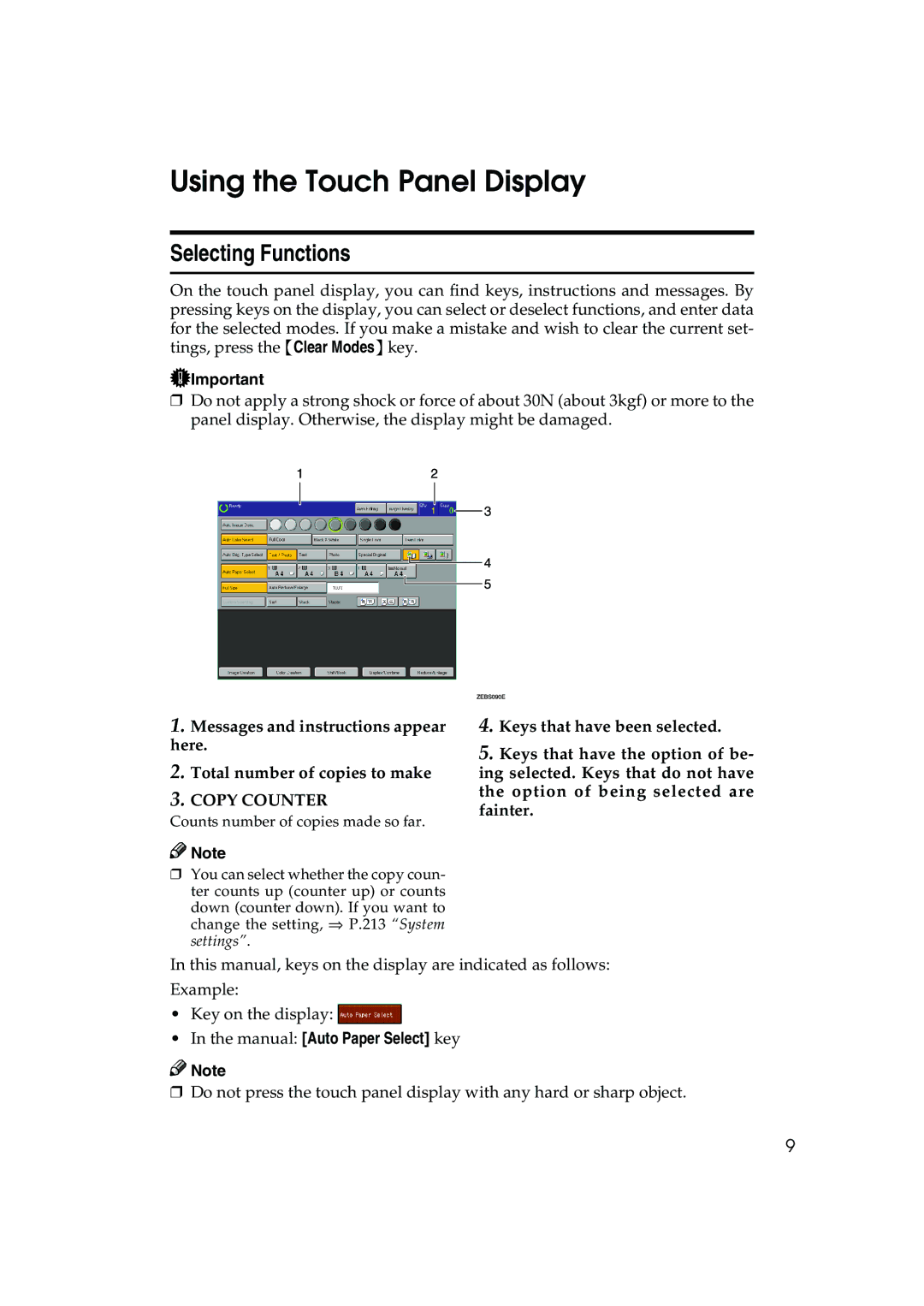 Ricoh 6513 manual Using the Touch Panel Display, Selecting Functions, Manual Auto Paper Select key 