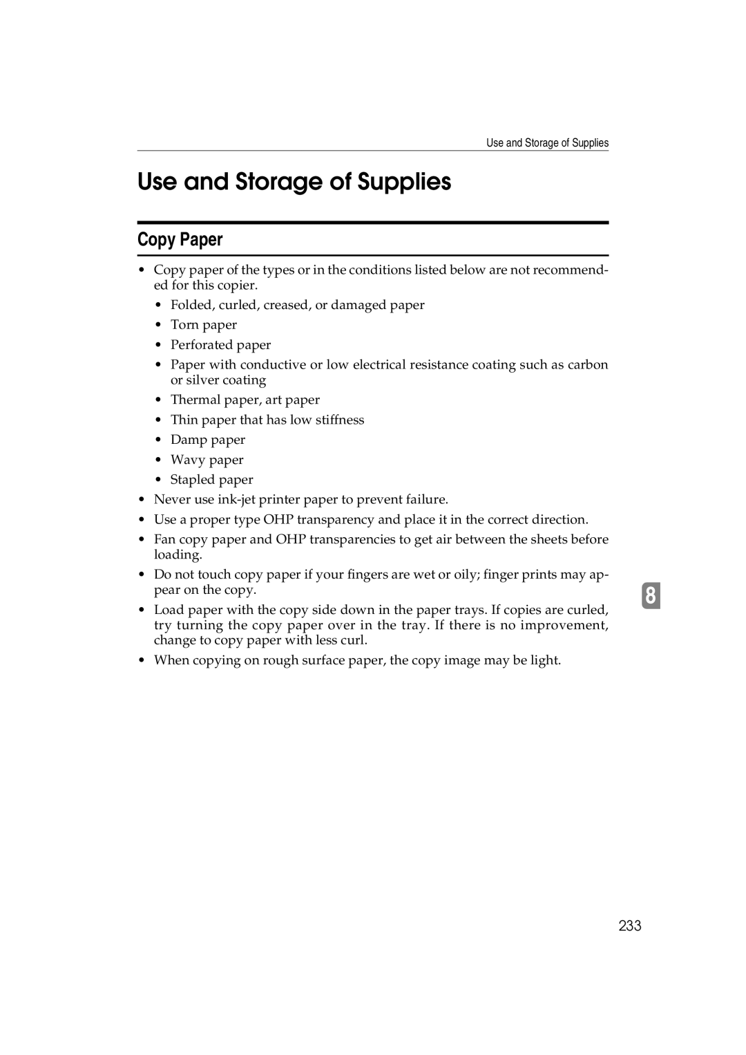 Ricoh 6513 manual Use and Storage of Supplies, Copy Paper, 233 