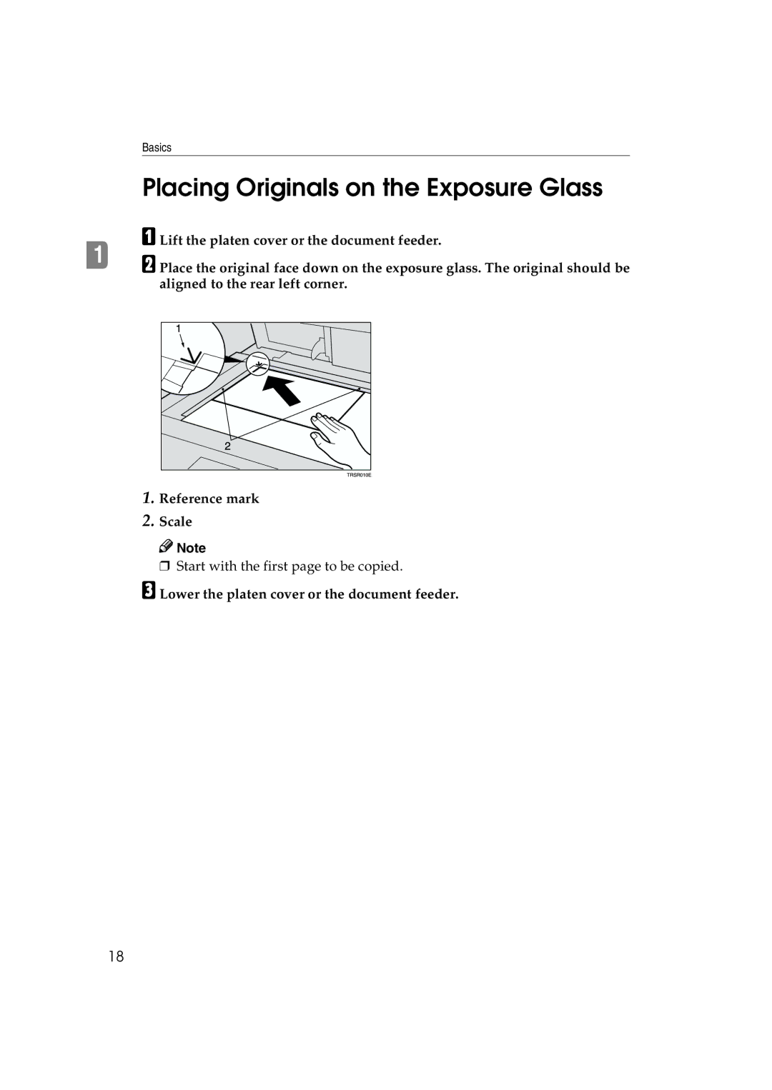 Ricoh 6513 manual Placing Originals on the Exposure Glass, Lower the platen cover or the document feeder 