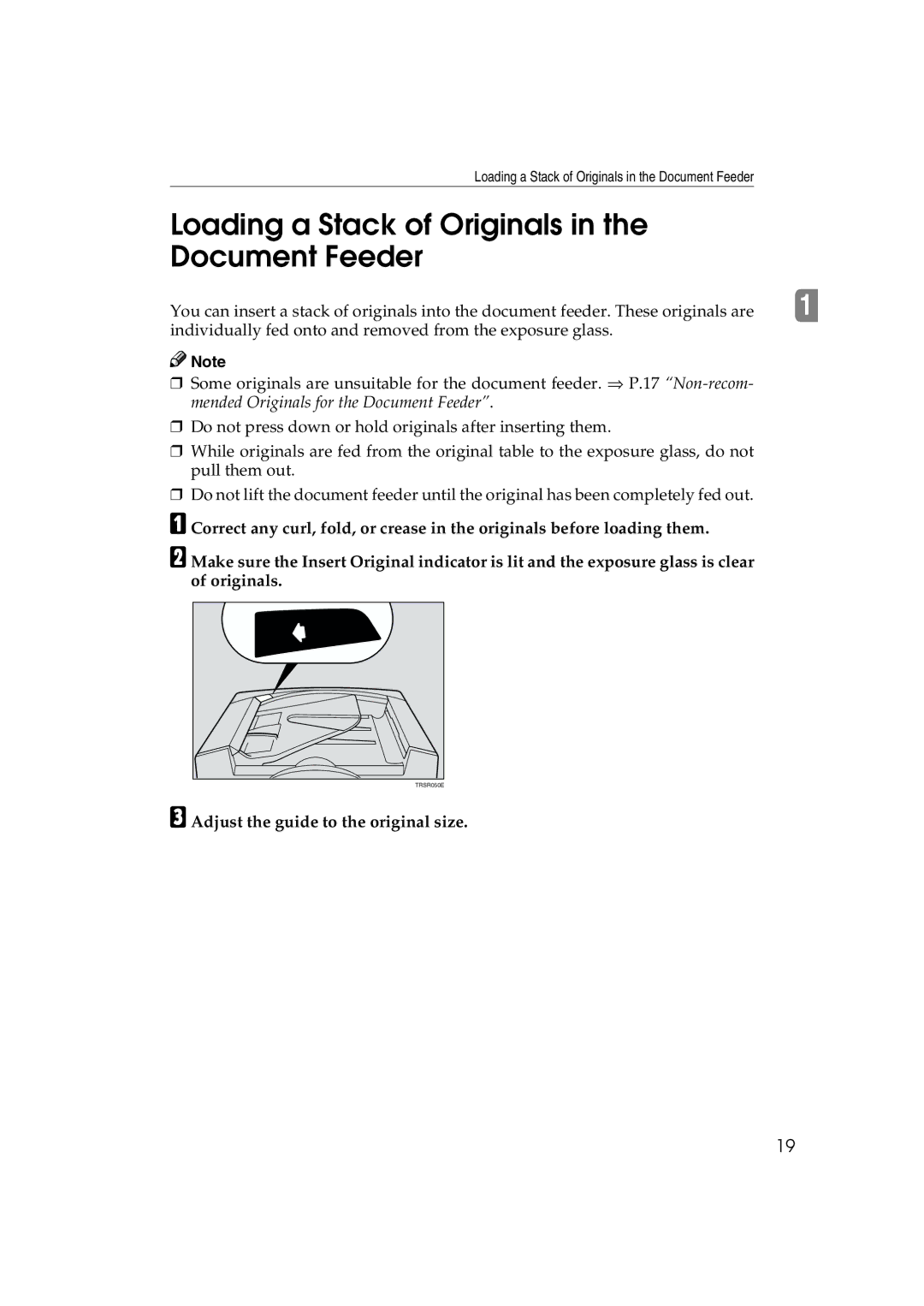 Ricoh 6513 manual Loading a Stack of Originals Document Feeder, Adjust the guide to the original size 