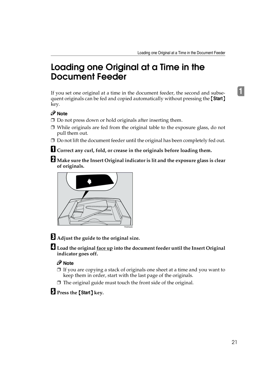 Ricoh 6513 manual Loading one Original at a Time in the Document Feeder, Press the Start key 