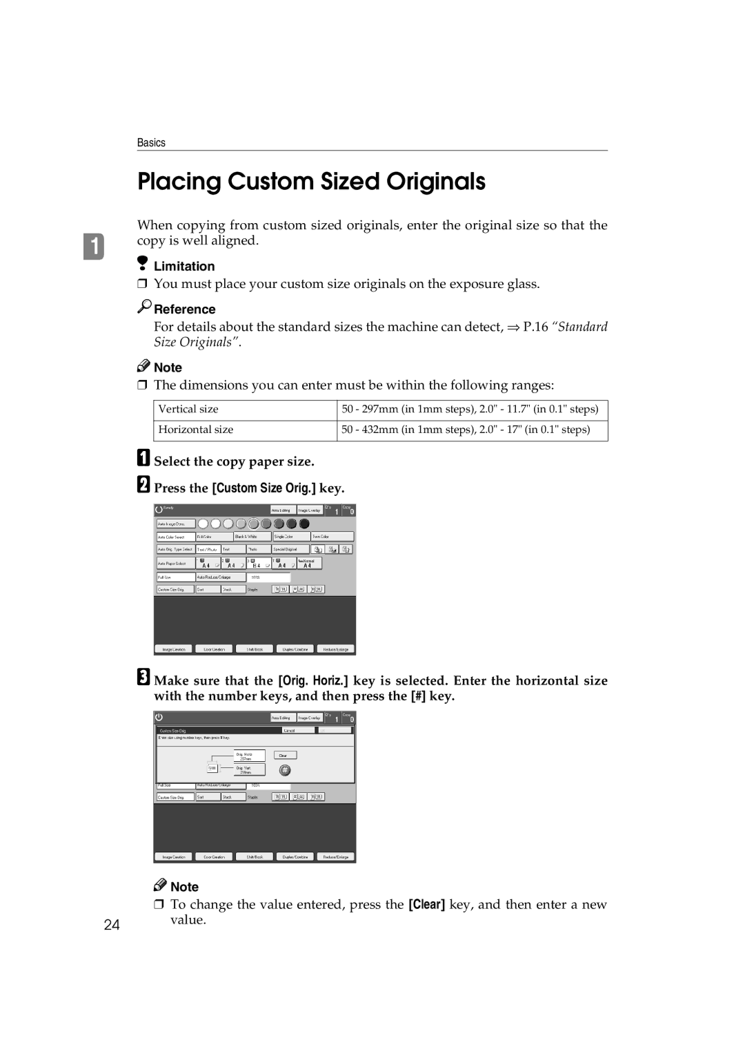 Ricoh 6513 manual Placing Custom Sized Originals, Select the copy paper size, Press the Custom Size Orig. key 