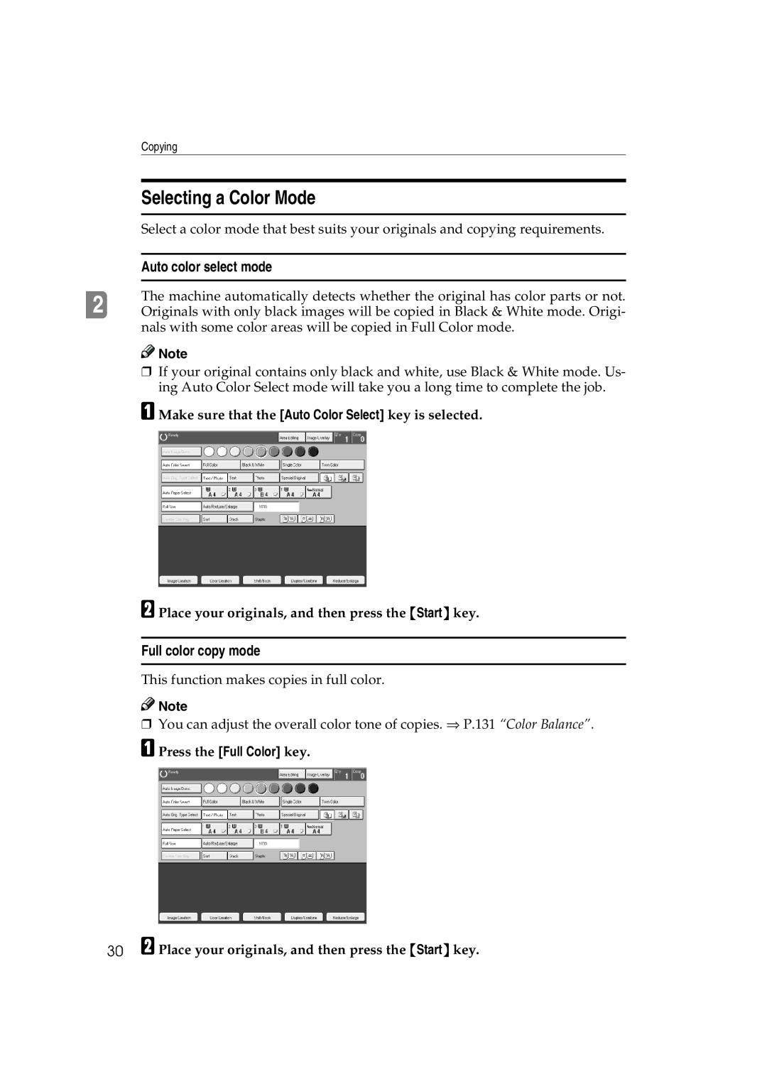 Ricoh 6513 manual Selecting a Color Mode, Auto color select mode, Full color copy mode 