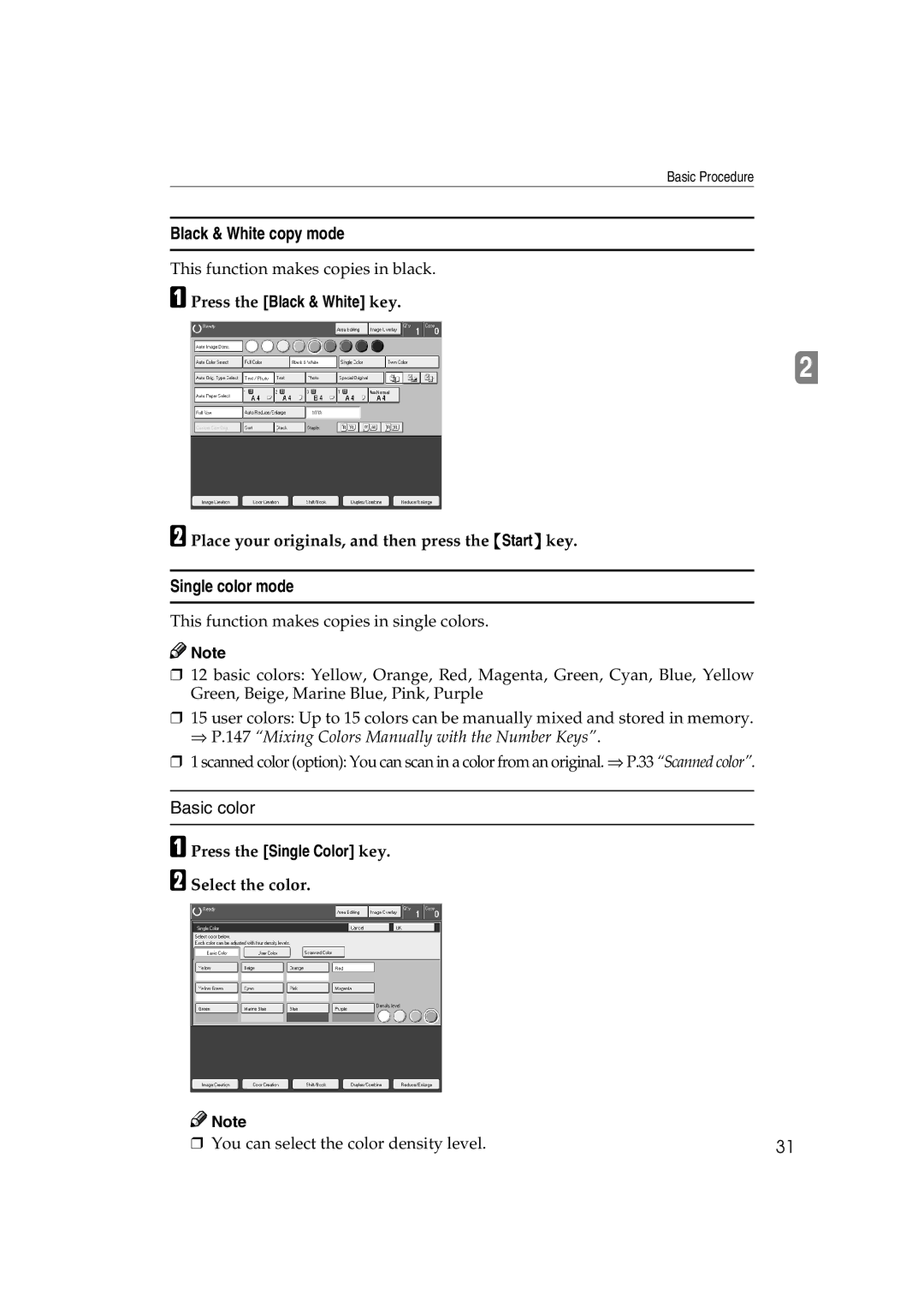 Ricoh 6513 manual Black & White copy mode, Single color mode, Press the Black & White key, Press the Single Color key 