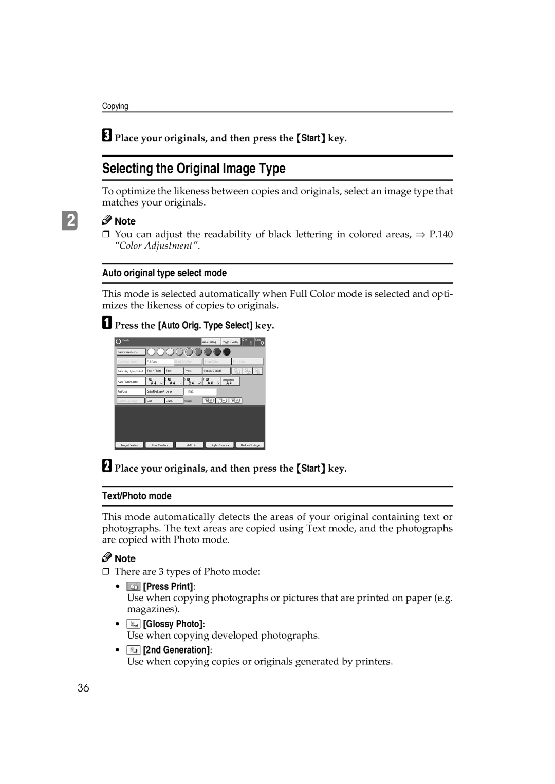 Ricoh 6513 manual Selecting the Original Image Type, Auto original type select mode, Text/Photo mode 