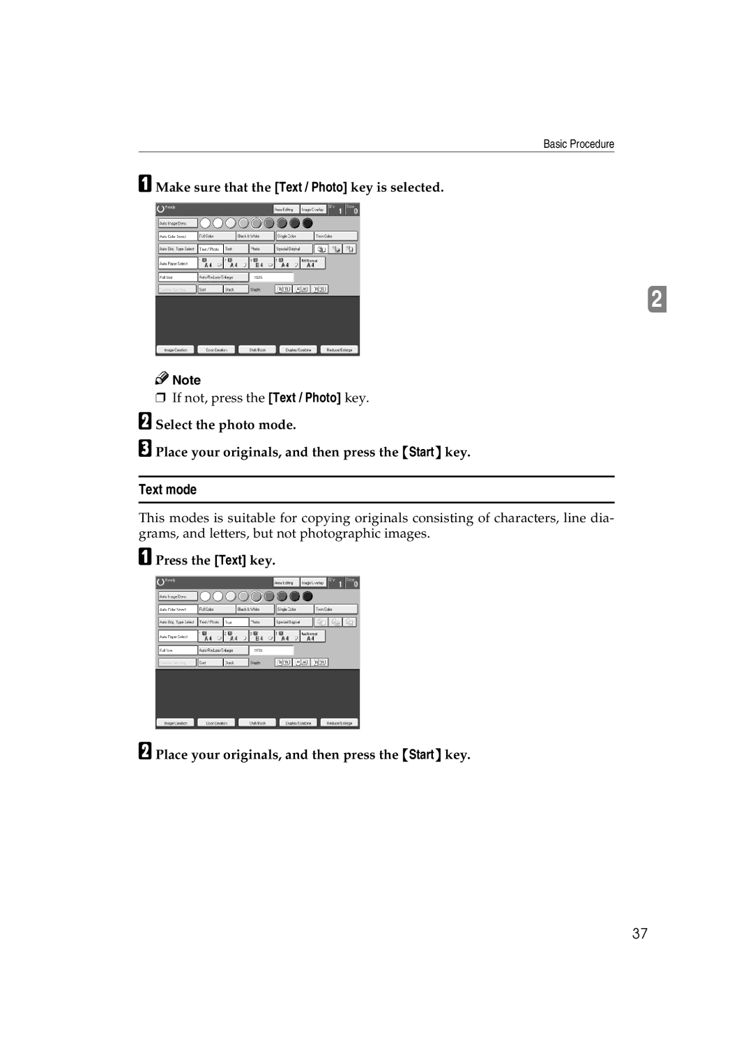 Ricoh 6513 manual Text mode, Make sure that the Text / Photo key is selected 