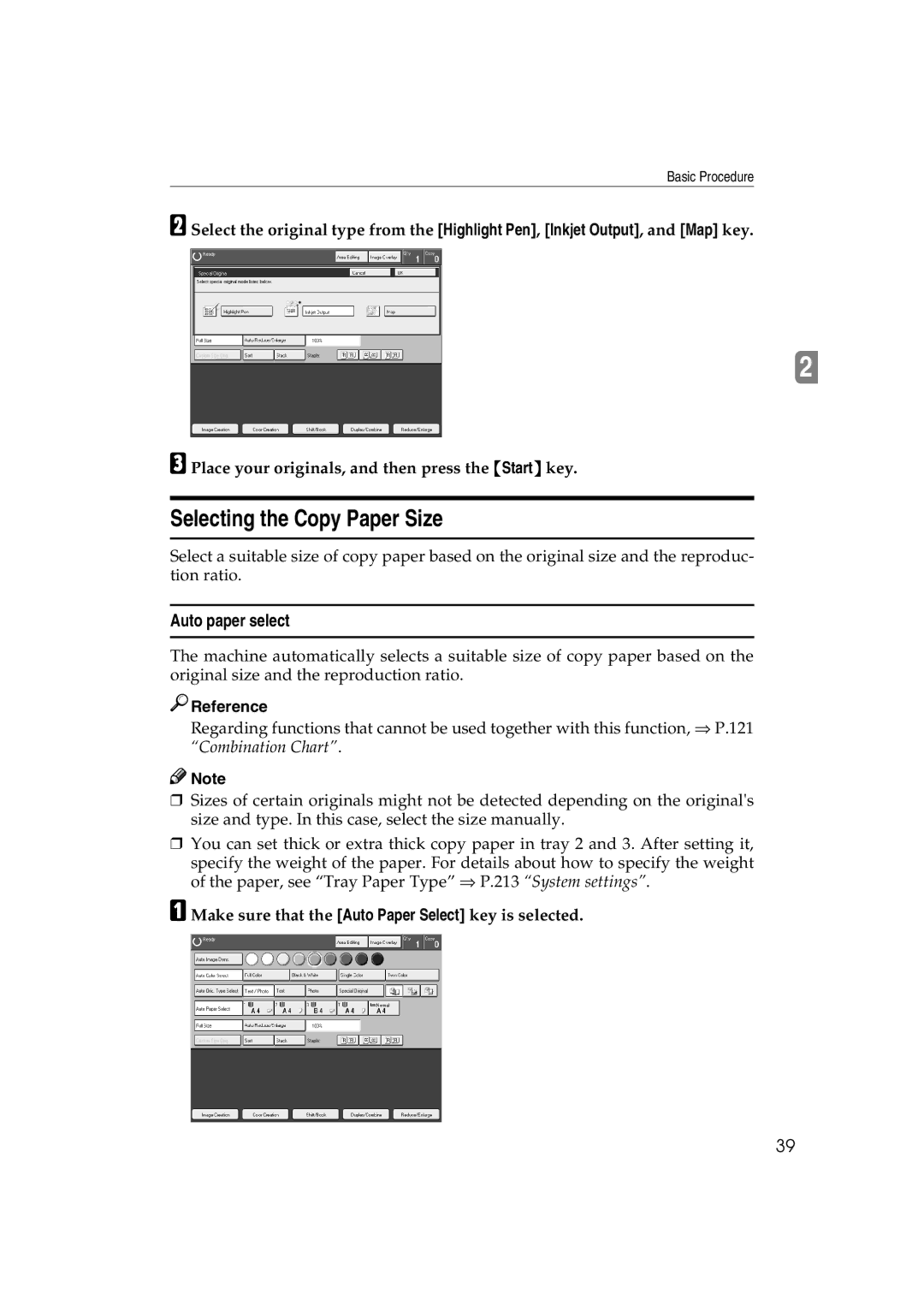 Ricoh 6513 manual Selecting the Copy Paper Size, Auto paper select, Make sure that the Auto Paper Select key is selected 