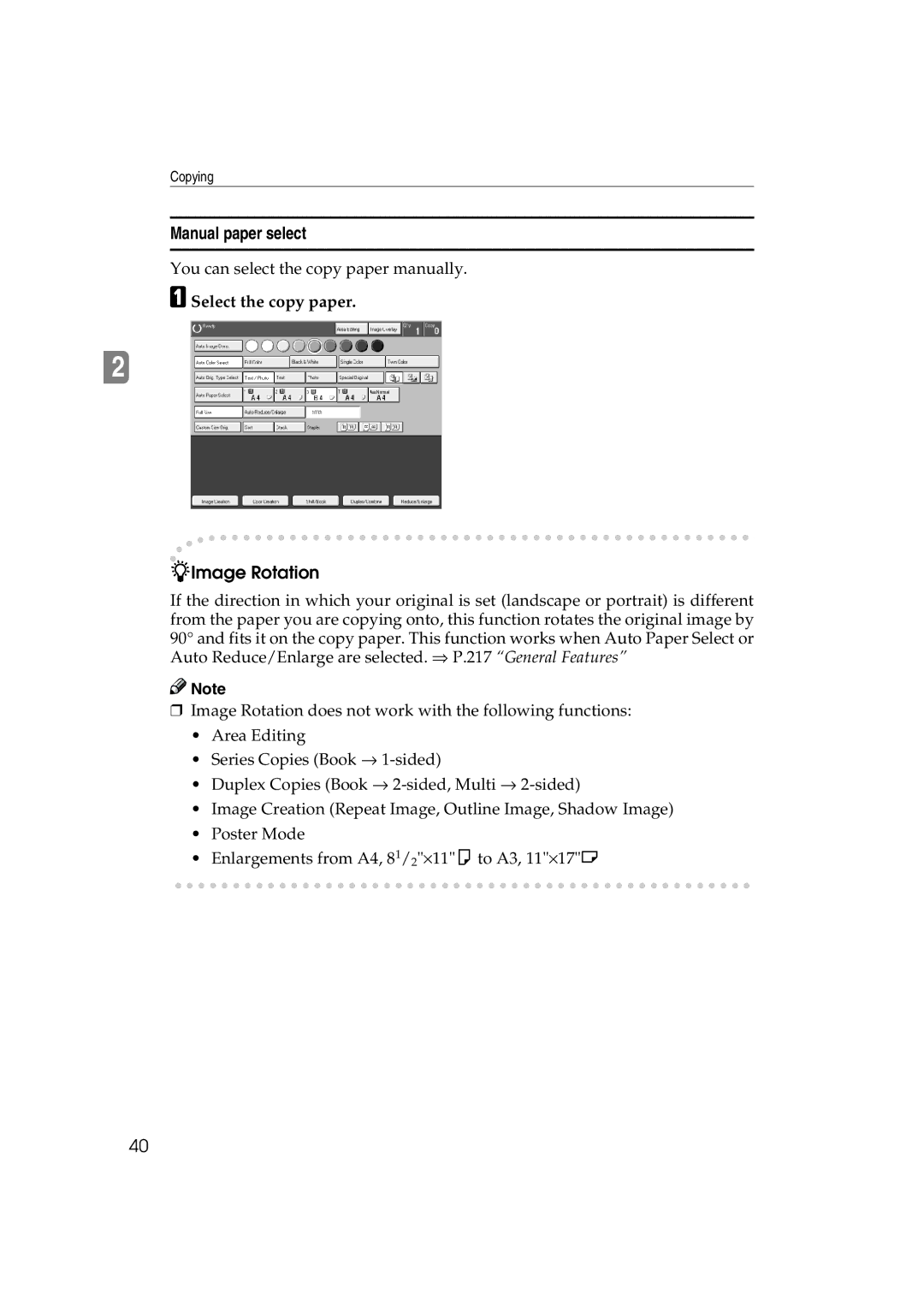 Ricoh 6513 manual Manual paper select, Image Rotation, Select the copy paper 