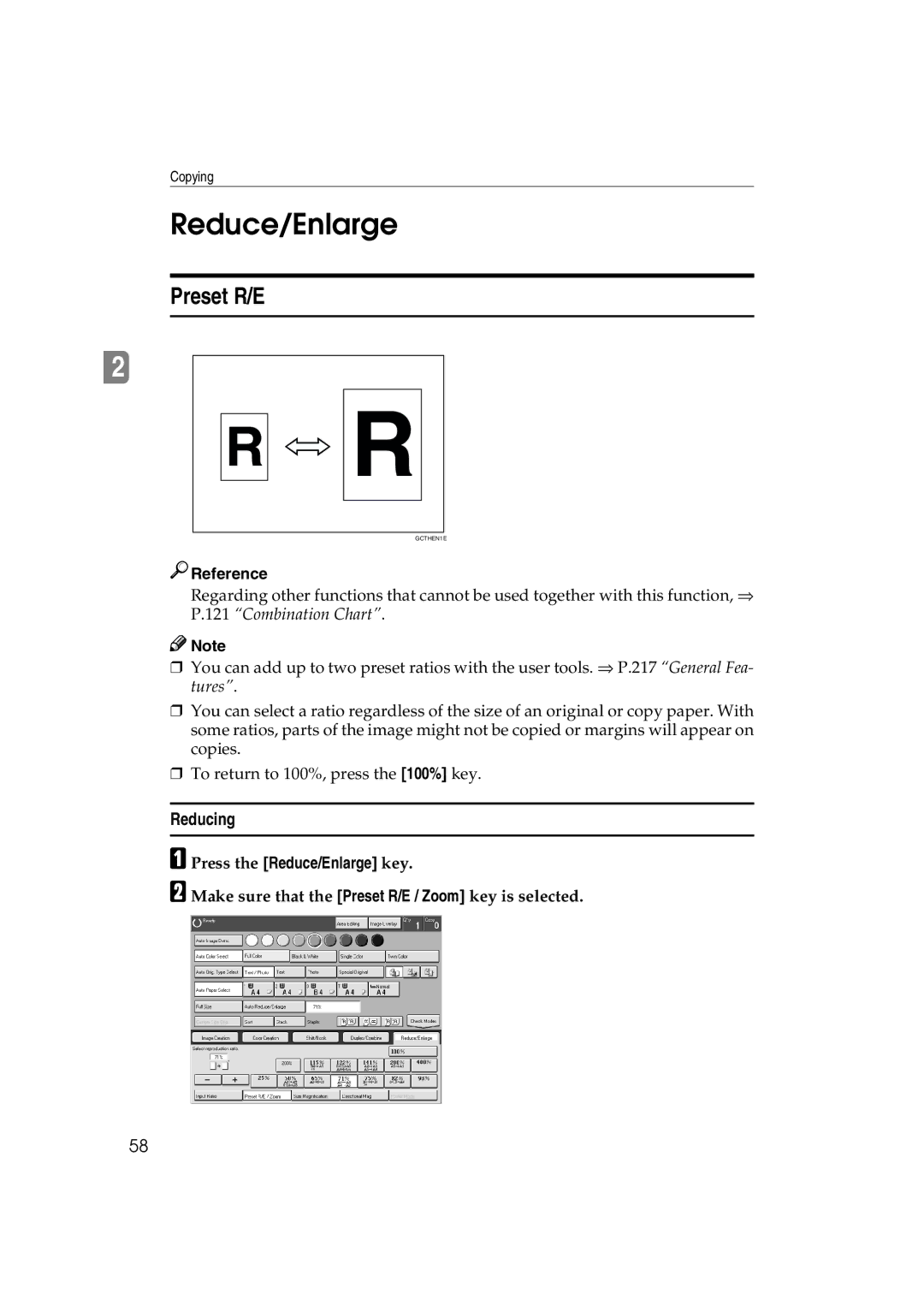 Ricoh 6513 manual Reducing, Press the Reduce/Enlarge key, Make sure that the Preset R/E / Zoom key is selected 