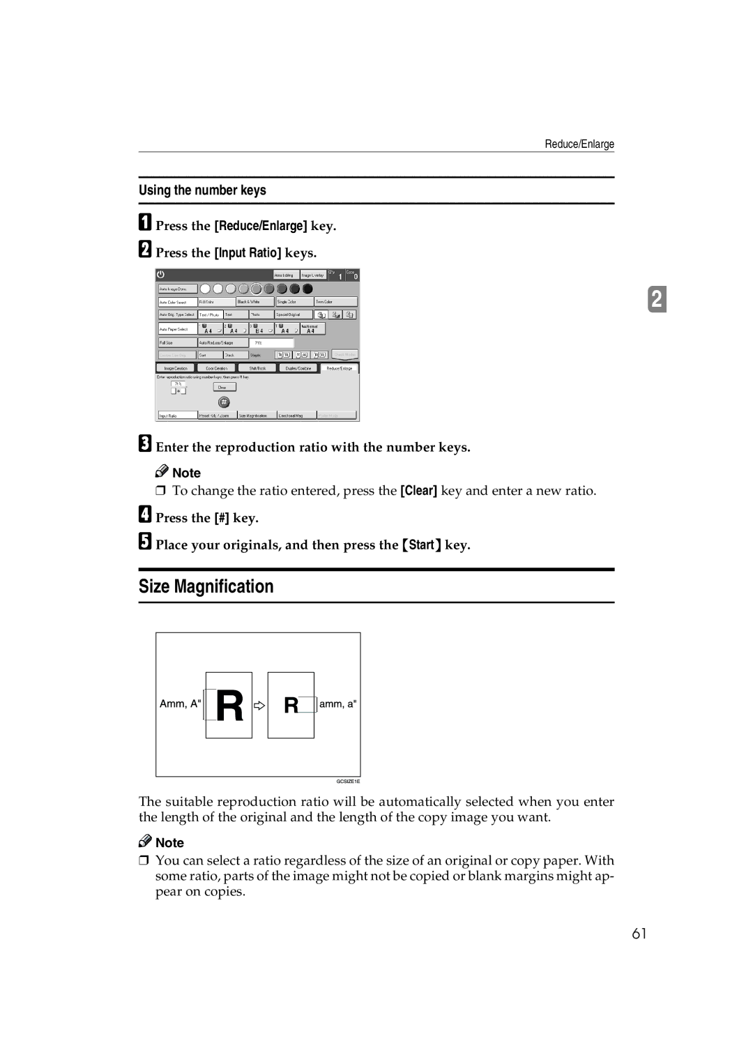 Ricoh 6513 manual Size Magnification, Using the number keys, Enter the reproduction ratio with the number keys 