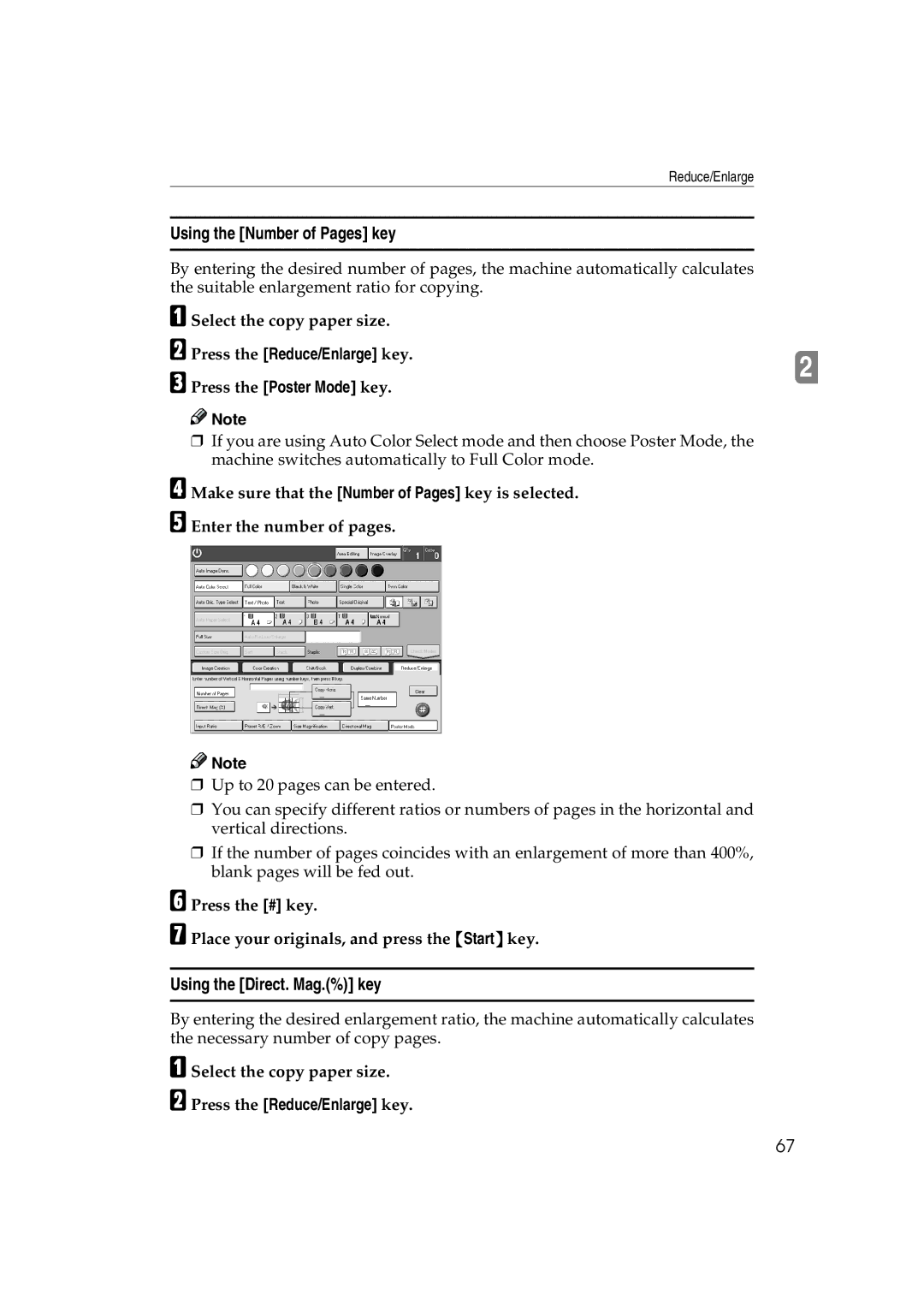 Ricoh 6513 manual Using the Number of Pages key, Using the Direct. Mag.% key, Press the Poster Mode key 