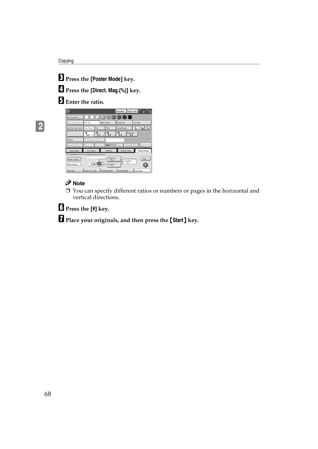 Ricoh 6513 manual Press the Direct. Mag.% key, Enter the ratio 