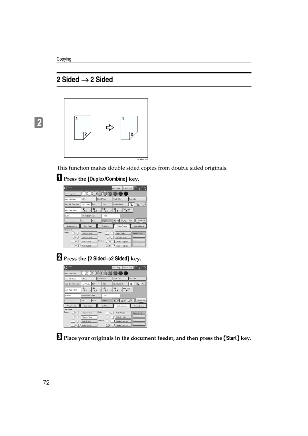 Ricoh 6513 manual Sided → 2 Sided, Press the Duplex/Combine key Press the 2 Sided→2 Sided key 