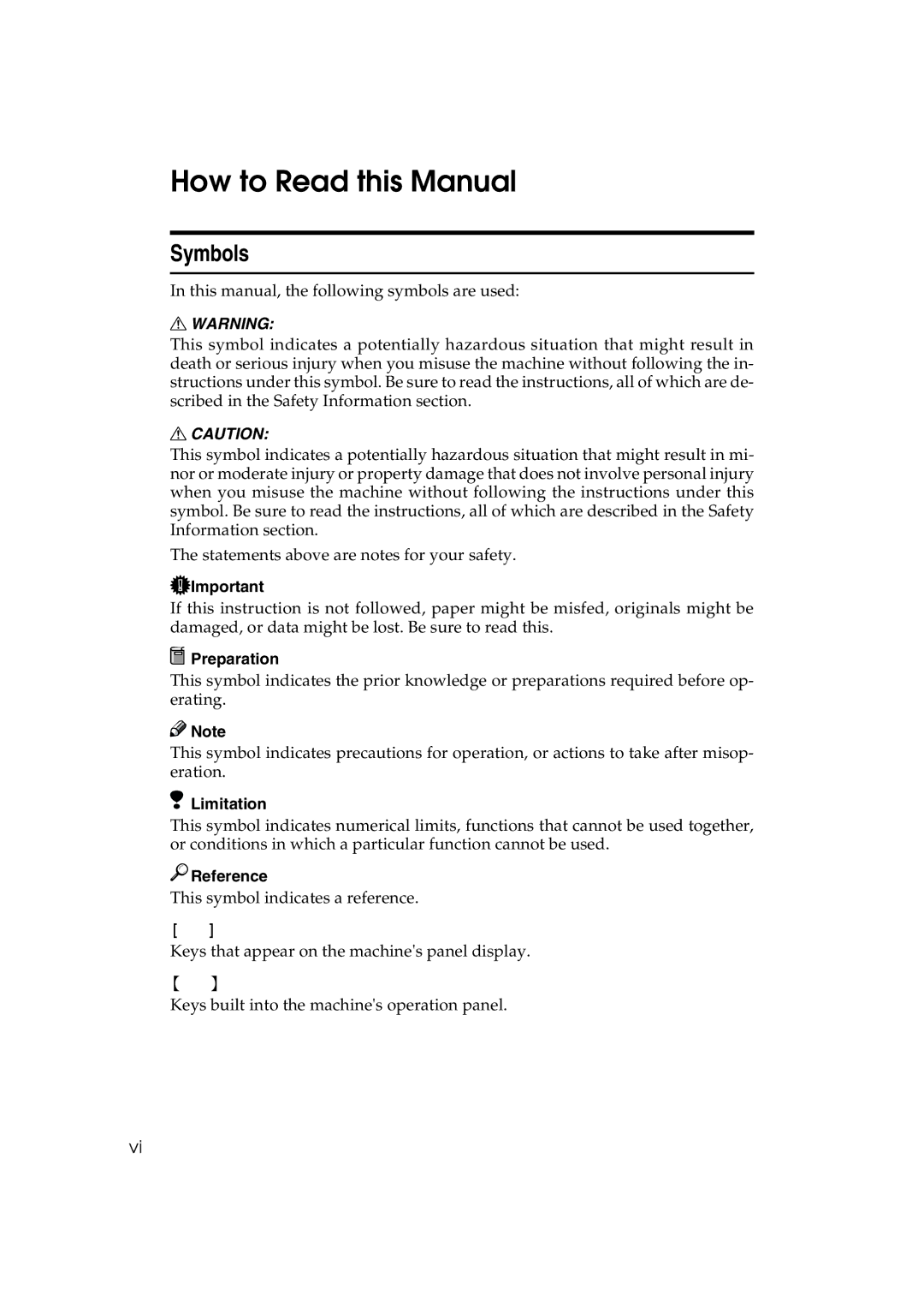 Ricoh 6513 manual How to Read this Manual, Symbols, Preparation, Limitation, Reference 