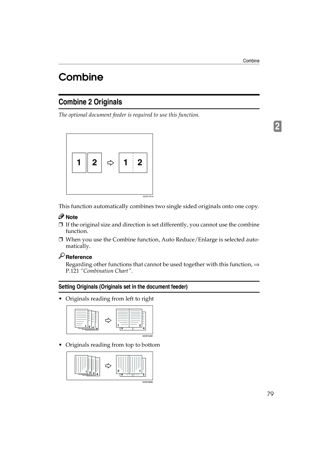 Ricoh 6513 manual Combine 2 Originals, Setting Originals Originals set in the document feeder 