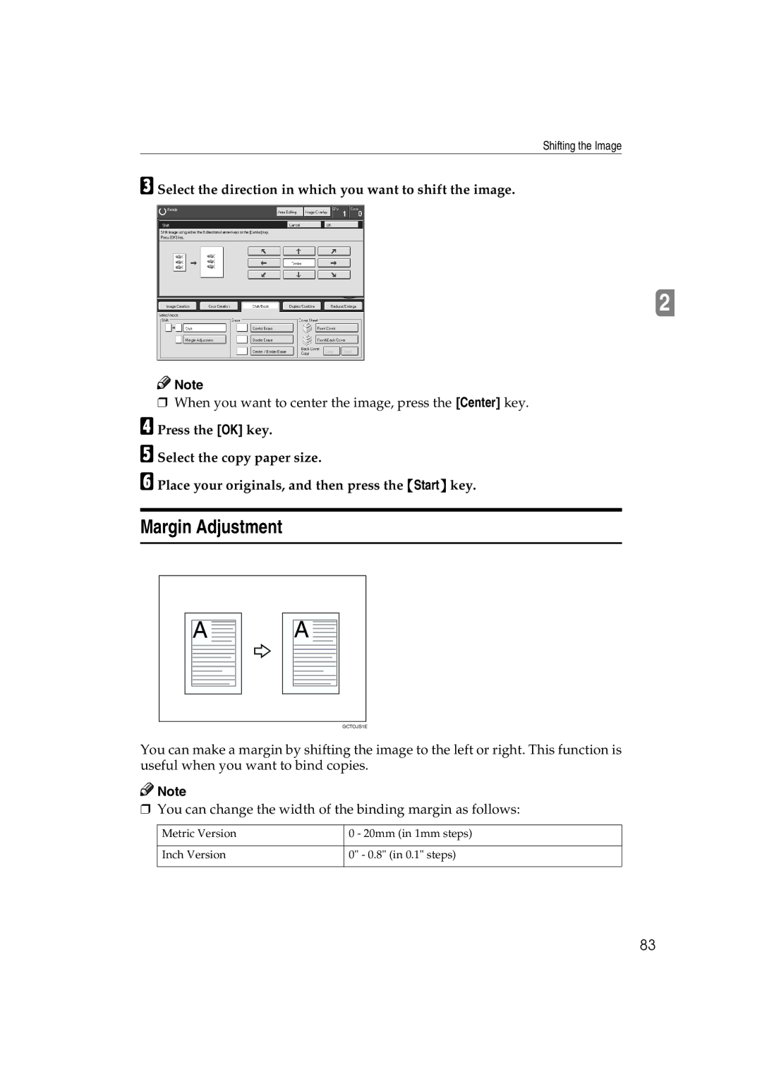 Ricoh 6513 manual Margin Adjustment, Select the direction in which you want to shift the image 