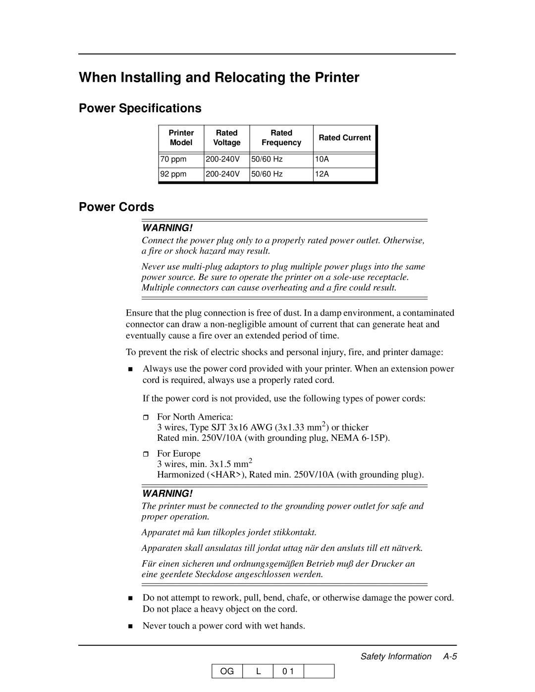 Ricoh 70 manual When Installing and Relocating the Printer, Power Specifications, Power Cords 