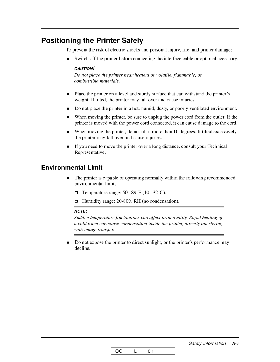 Ricoh 70 manual Positioning the Printer Safely, Environmental Limit 