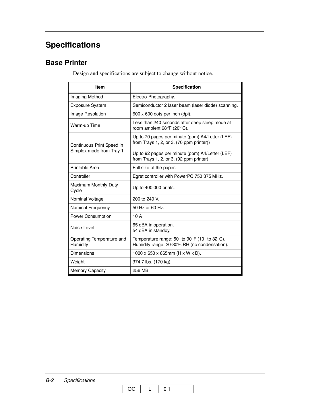 Ricoh 70 manual Specifications, Base Printer 