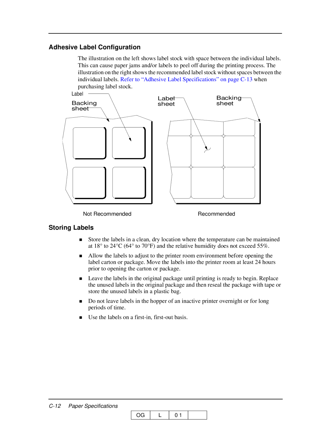 Ricoh 70 manual Adhesive Label Configuration, Storing Labels 