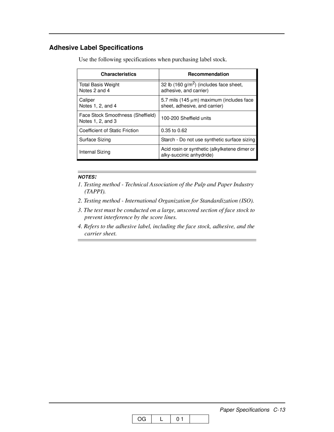 Ricoh 70 manual Adhesive Label Specifications 