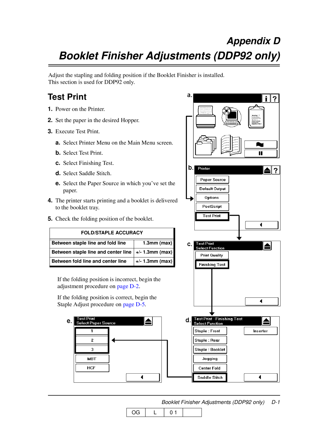 Ricoh 70 manual Booklet Finisher Adjustments DDP92 only, Test Print 