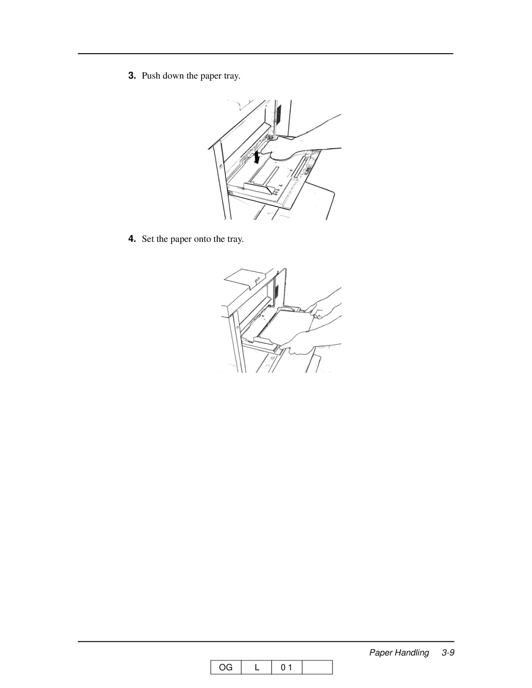 Ricoh 70 manual Push down the paper tray Set the paper onto the tray 