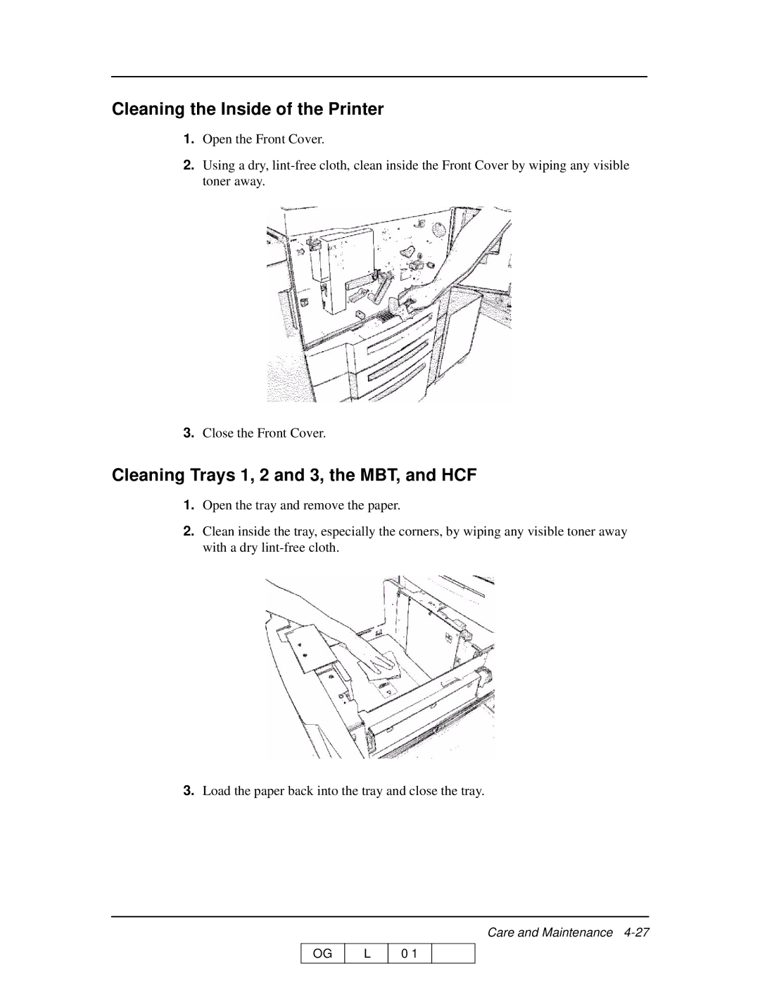 Ricoh 70 manual Cleaning the Inside of the Printer, Cleaning Trays 1, 2 and 3, the MBT, and HCF 