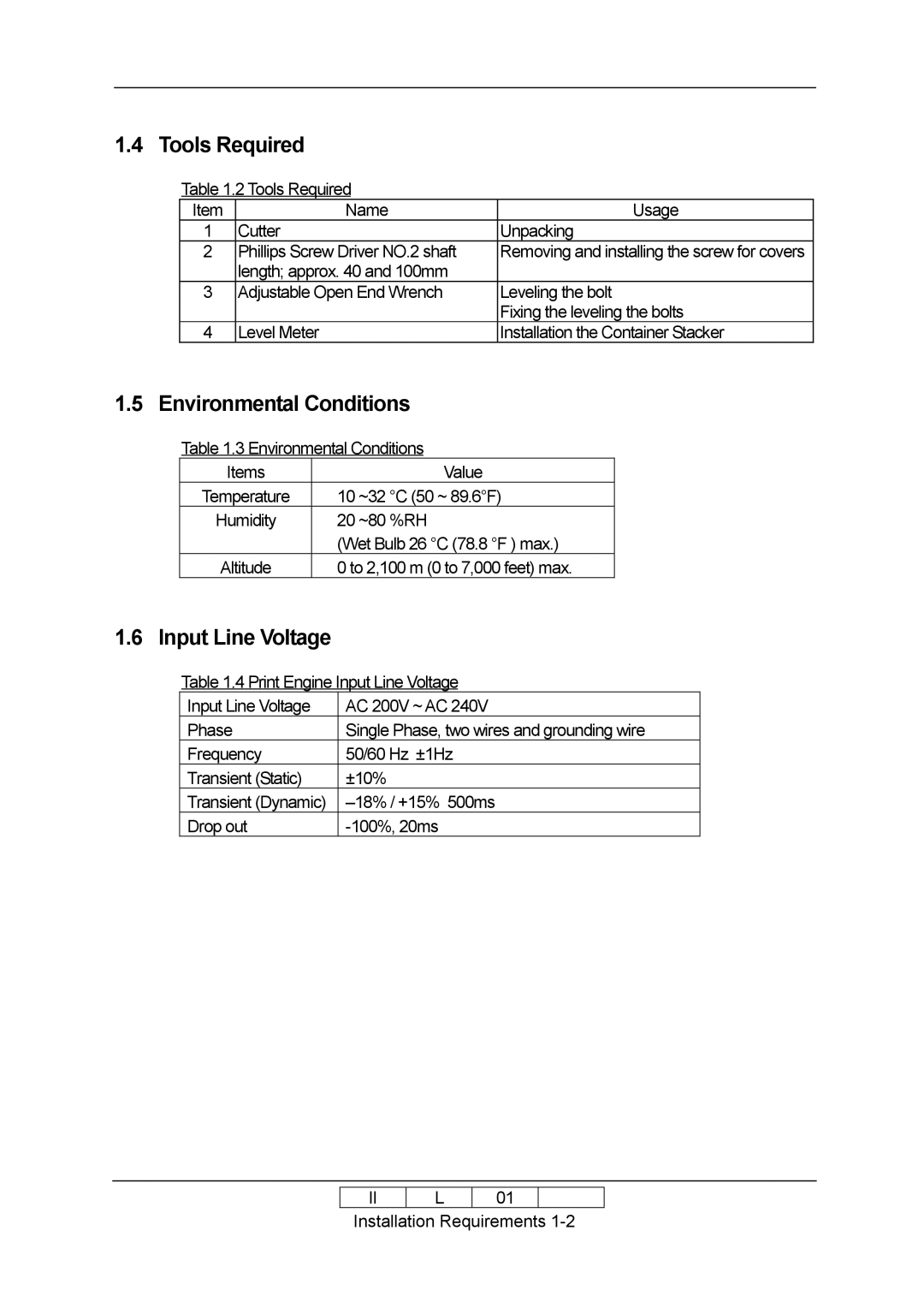 Ricoh 70E installation manual Tools Required, Environmental Conditions, Input Line Voltage 