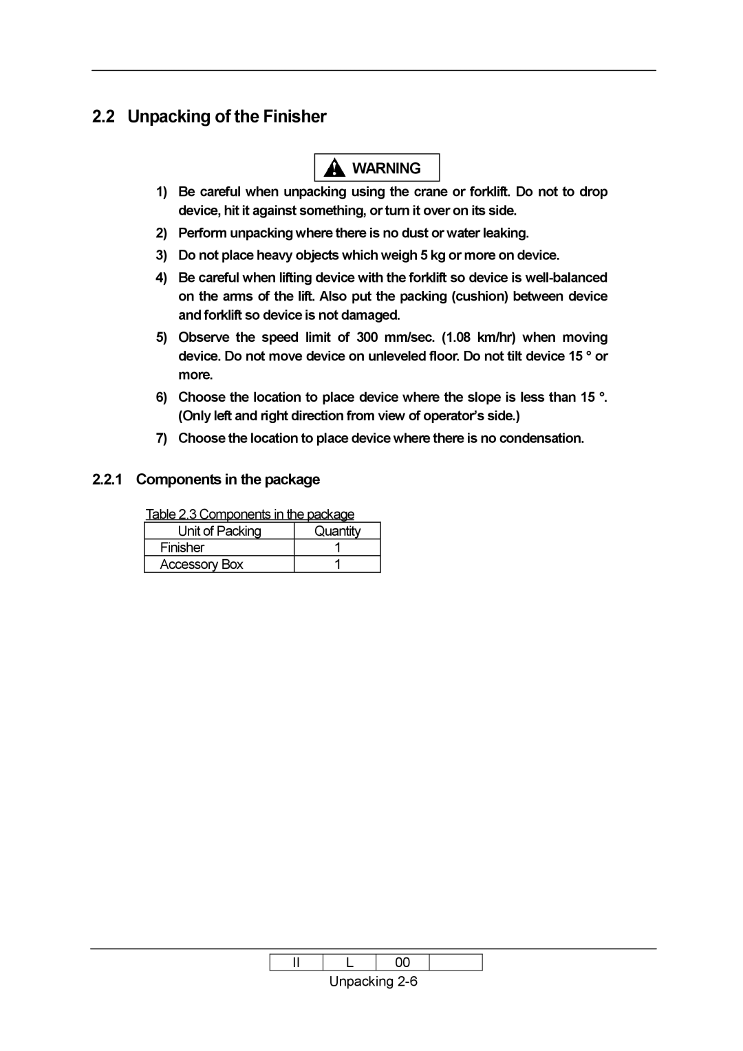 Ricoh 70E installation manual Unpacking of the Finisher, Components in the package 