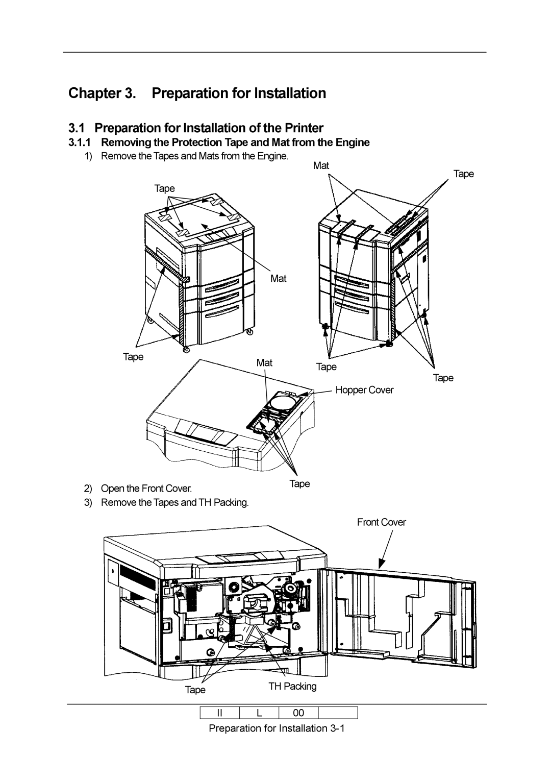 Ricoh 70E Preparation for Installation of the Printer, Removing the Protection Tape and Mat from the Engine 