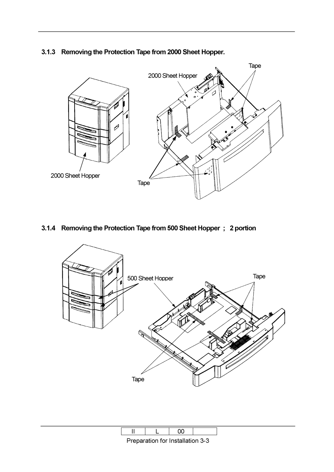 Ricoh 70E installation manual Removing the Protection Tape from 2000 Sheet Hopper 