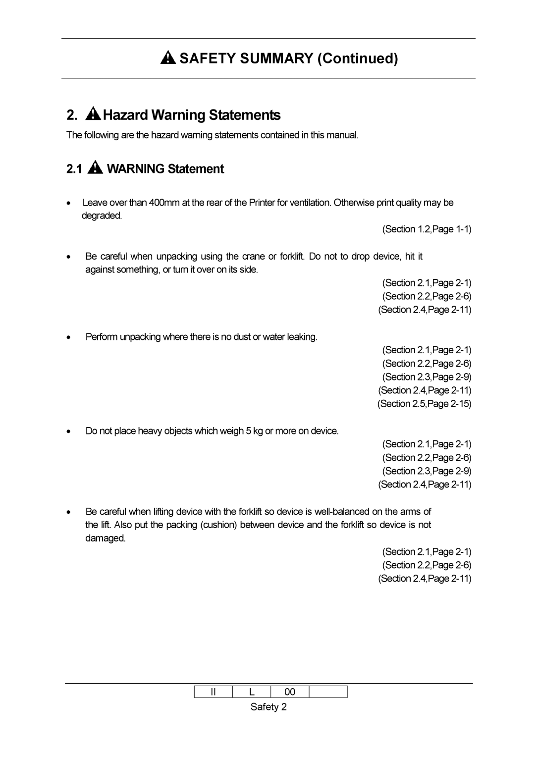 Ricoh 70E installation manual Safety Summary Hazard Warning Statements 