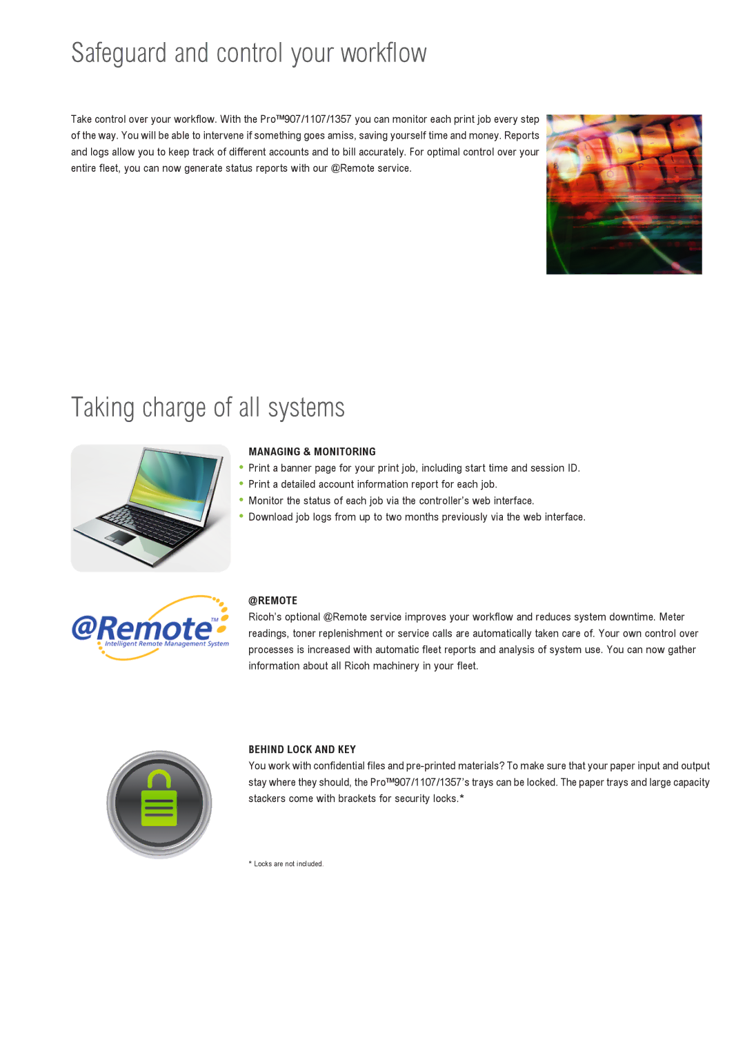 Ricoh 907 manual Safeguard and control your workflow, Taking charge of all systems, Managing & Monitoring, @Remote 