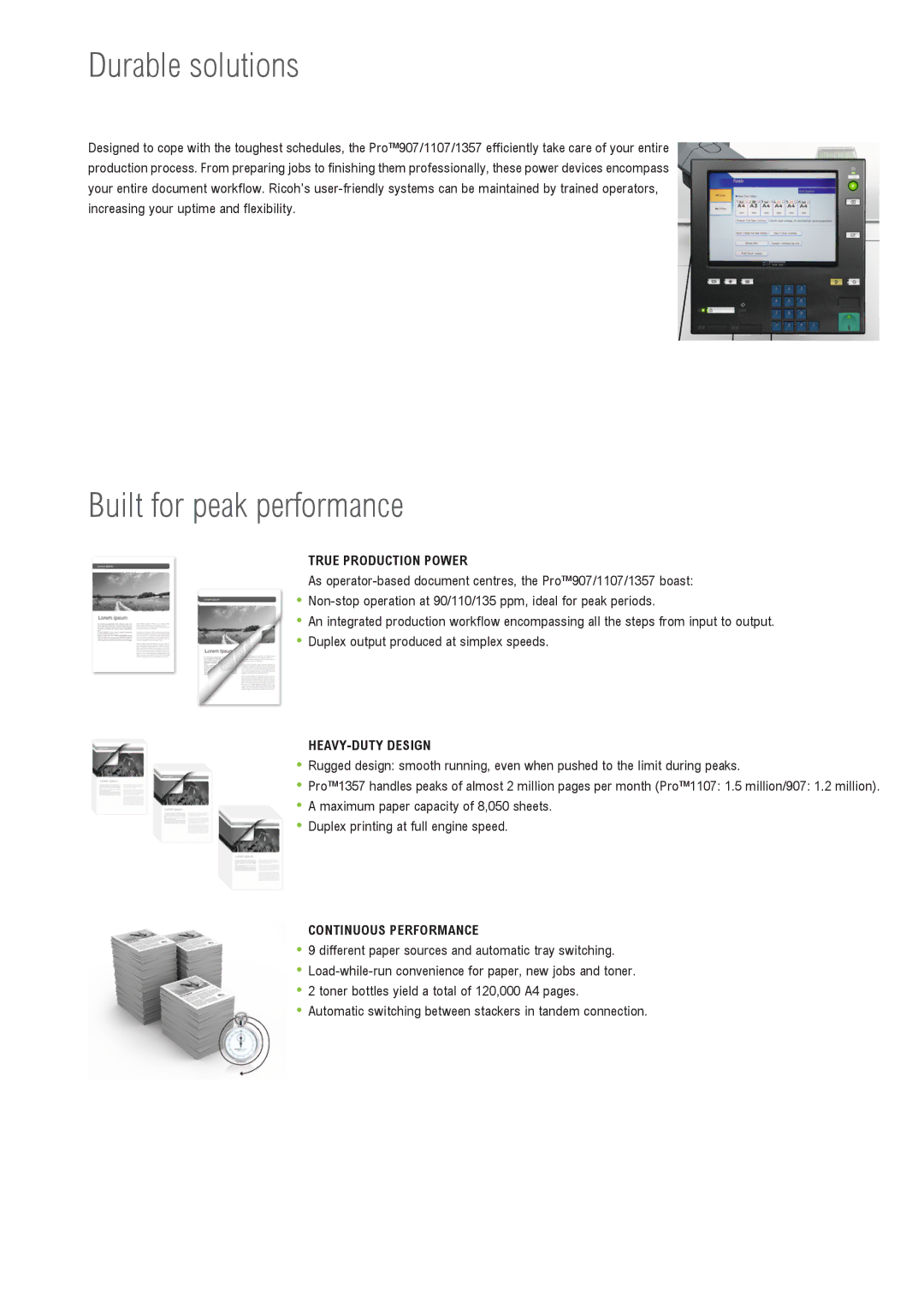 Ricoh 907 Durable solutions, Built for peak performance, True Production Power, HEAVY-DUTY Design, Continuous Performance 