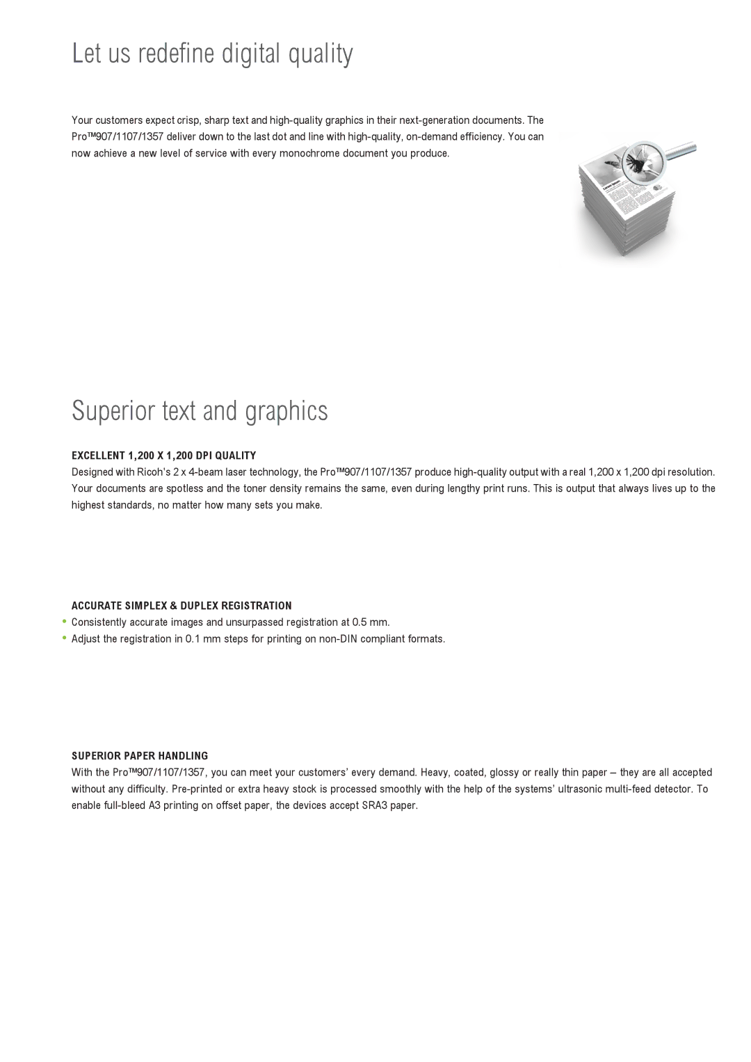 Ricoh 907 manual Let us redefine digital quality, Superior text and graphics, Excellent 1,200 X 1,200 DPI Quality 