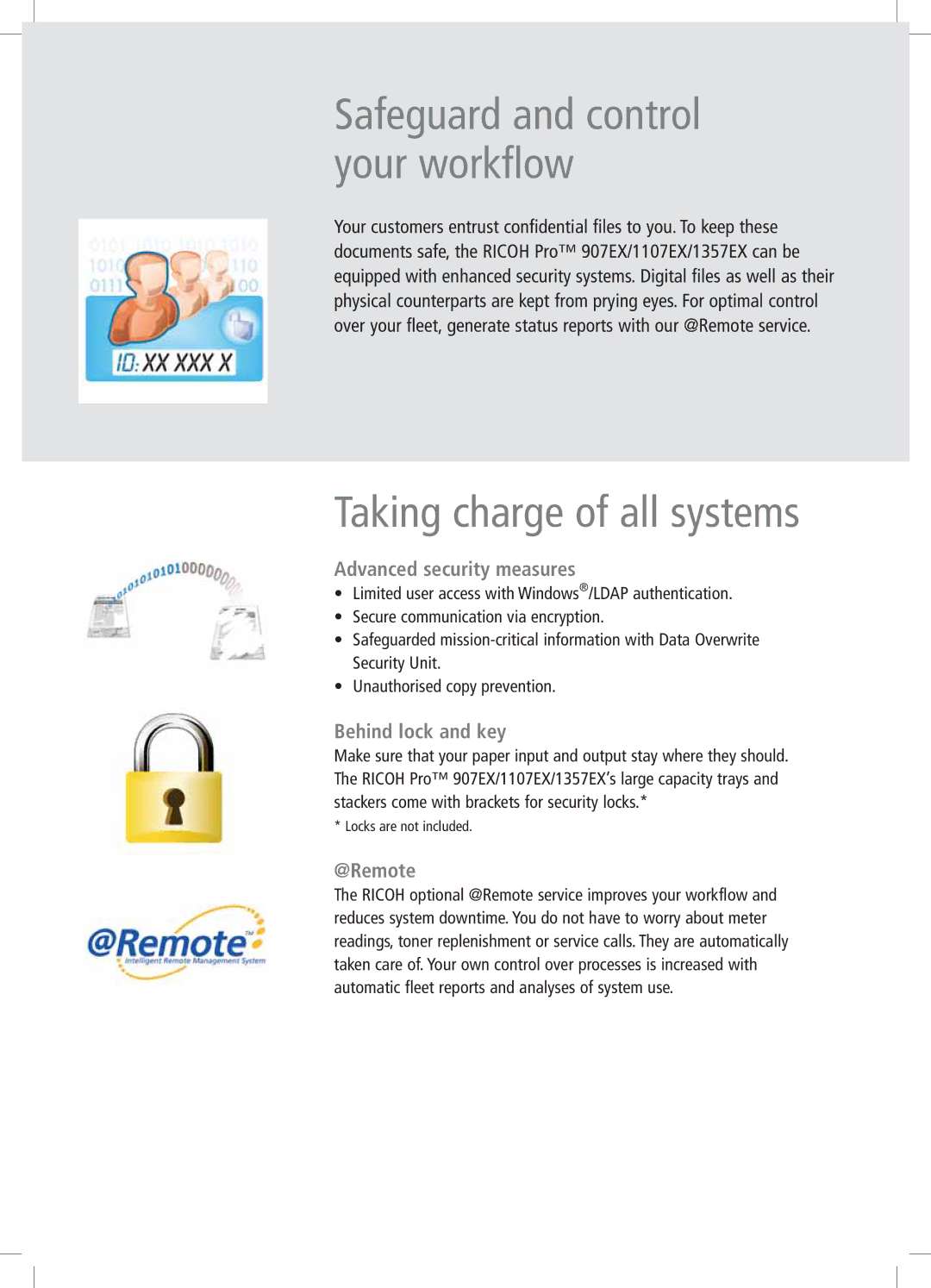 Ricoh 1357EX, 907EX, 1107EX manual Taking charge of all systems, Advanced security measures, Behind lock and key, @Remote 