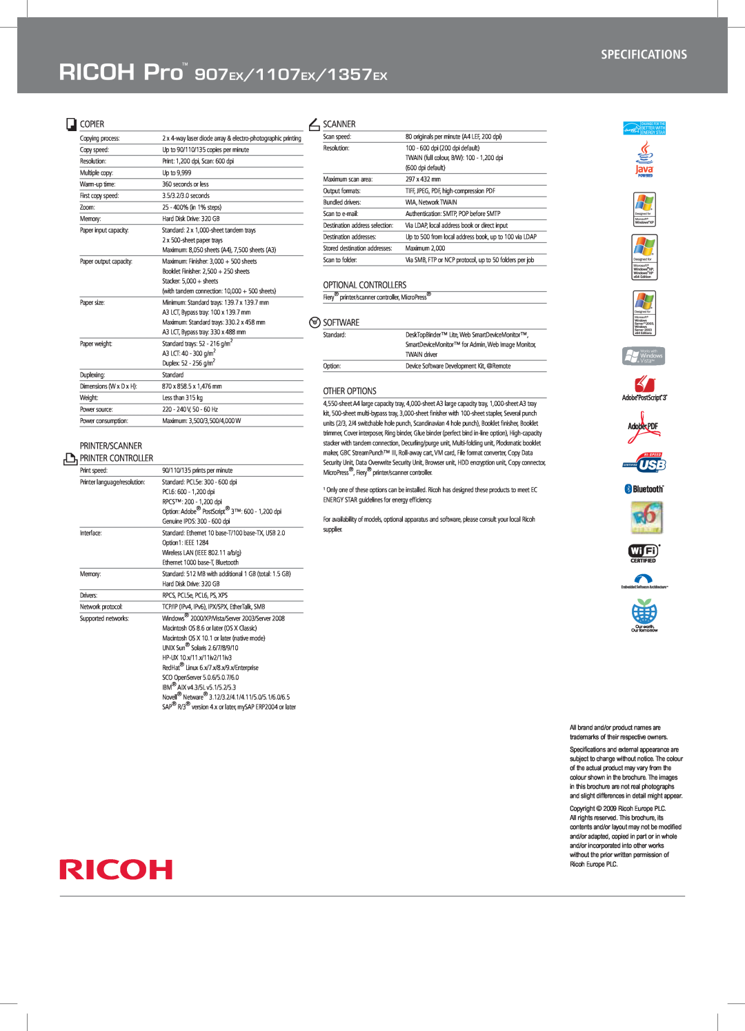 Ricoh manual 907EX/1107EX/1357EX, Specifications 