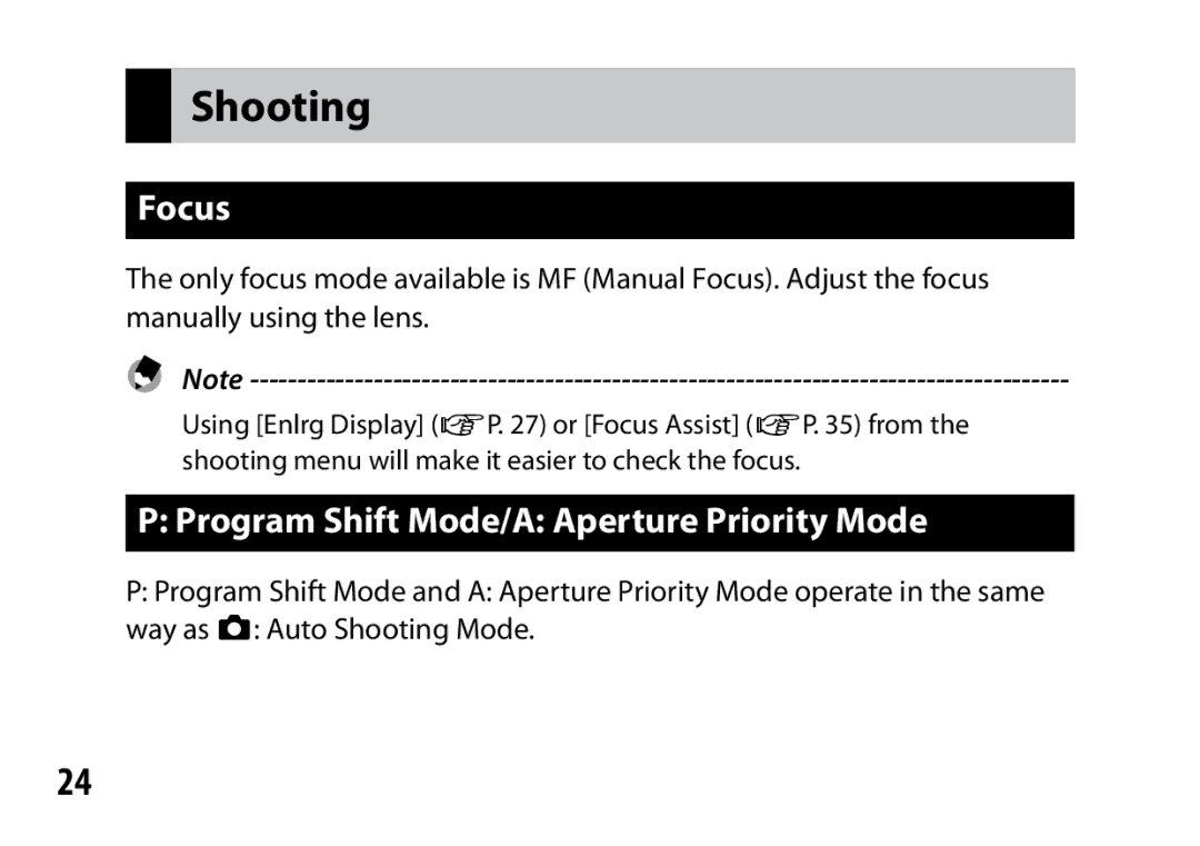 Ricoh A12 instruction manual Shooting, Focus, Program Shift Mode/A Aperture Priority Mode 